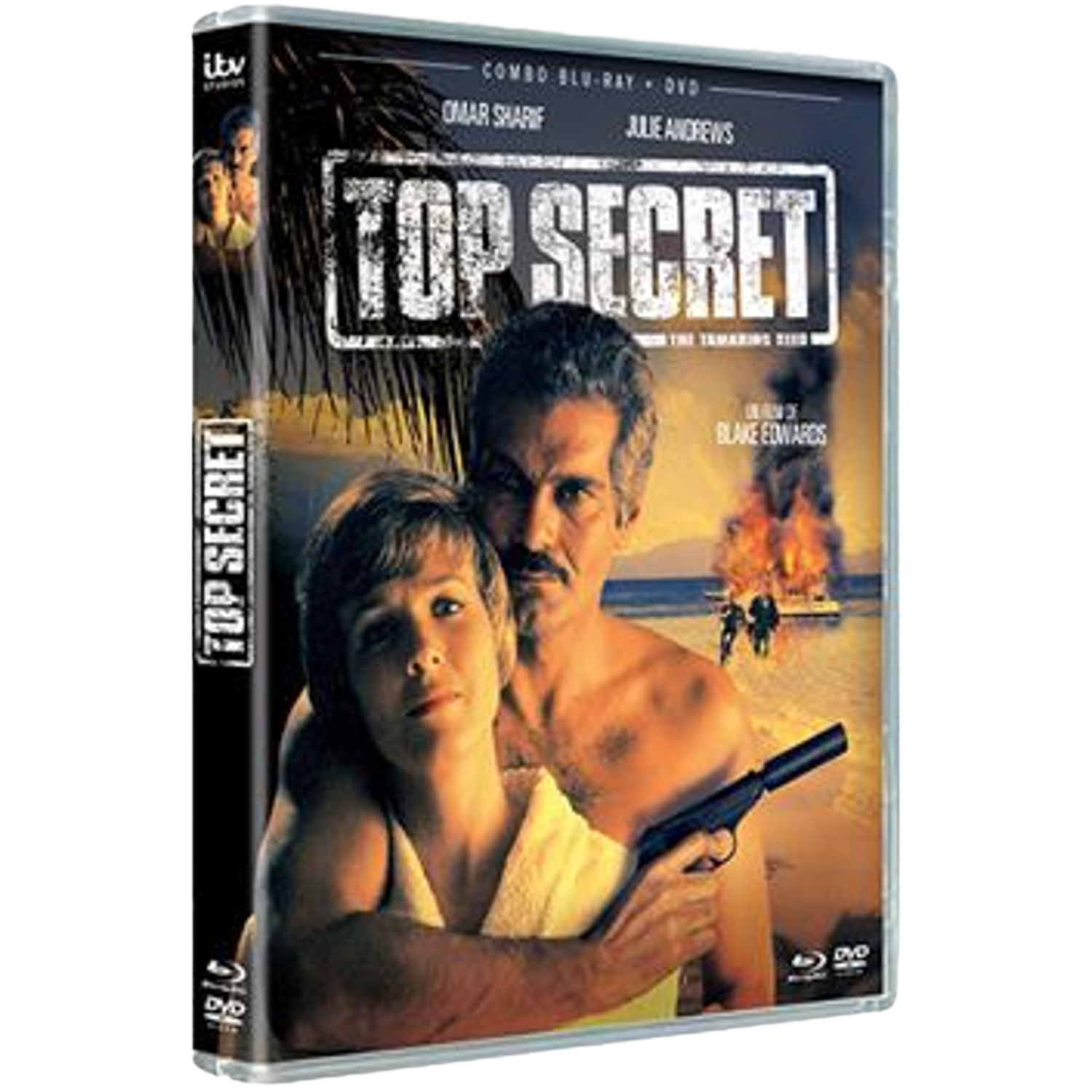 Jaquette DVD de 'Top Secret'. Un homme et une femme sont au premier plan, une arme est tenue. Un feu et des personnages sont en arrière-plan.