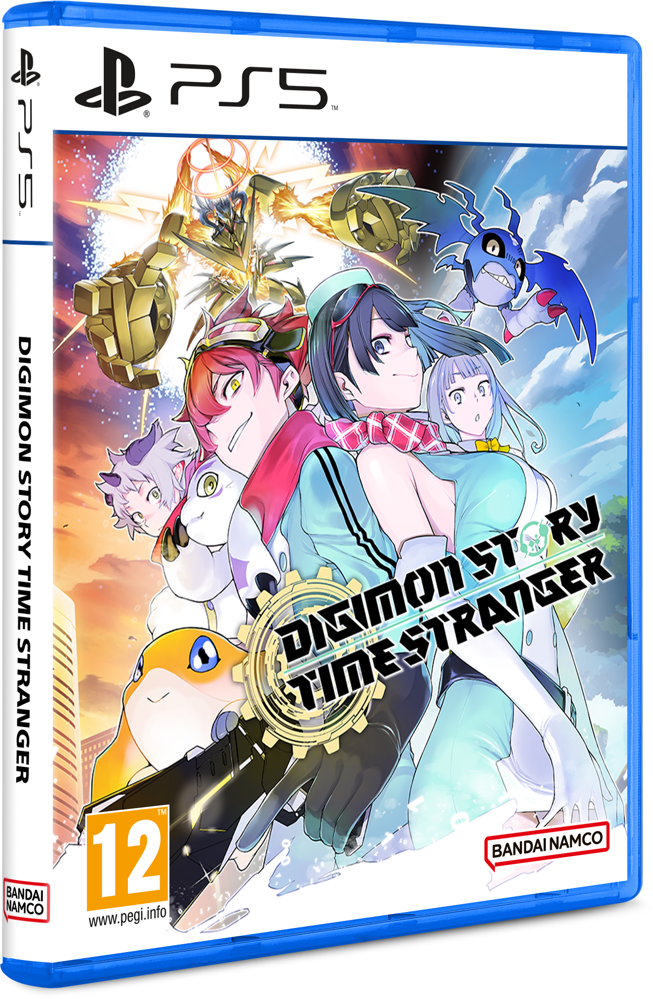 Digimon Story Time Stranger játék borítója. Karaktereket, Digimonokat és logókat tartalmaz. A PS5 logója felül található.
