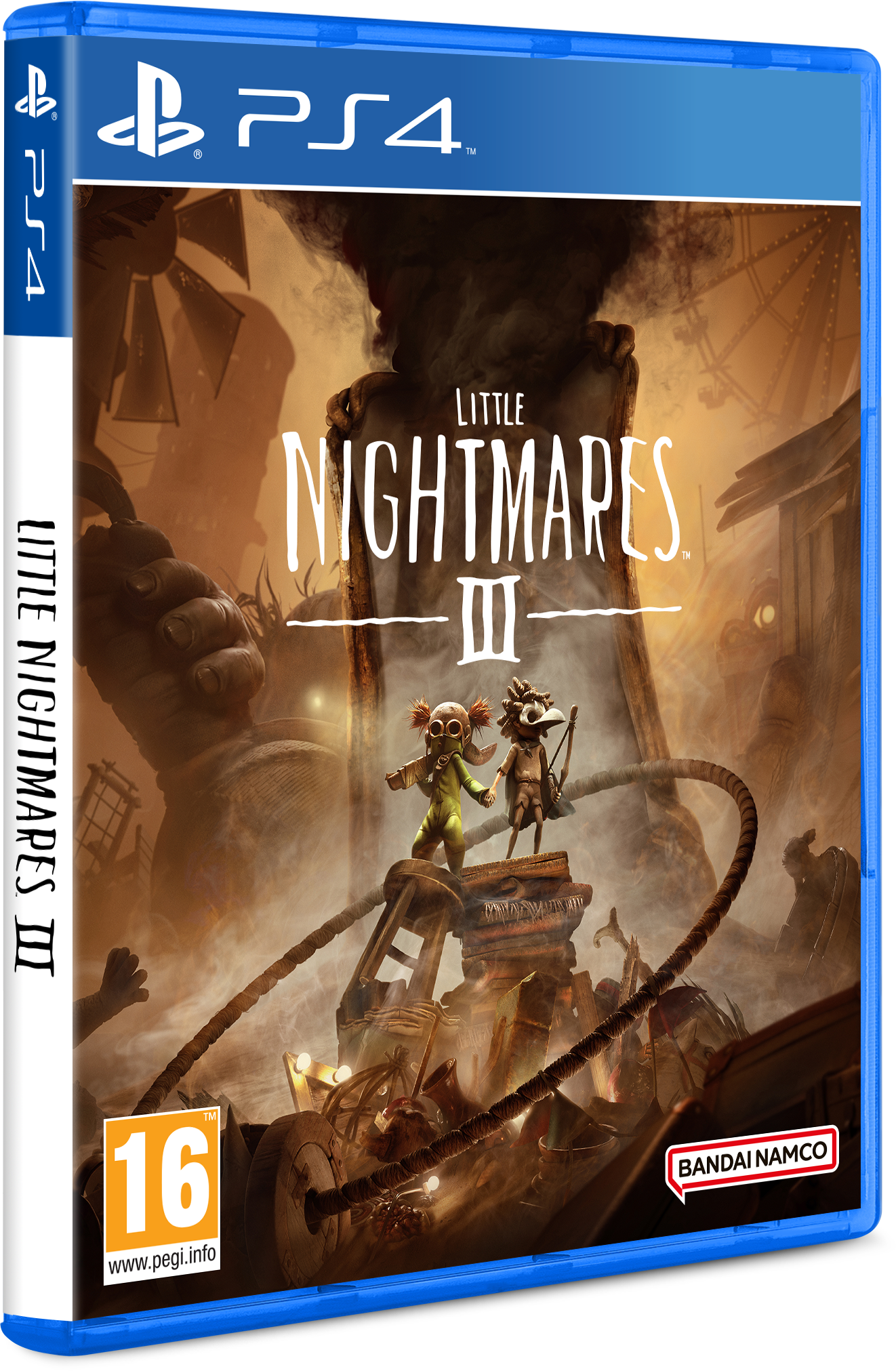 A Little Nightmares III PS4-es játék borítója, két szereplővel egy mechanikus szerkezeten, sötét, baljós háttérrel.