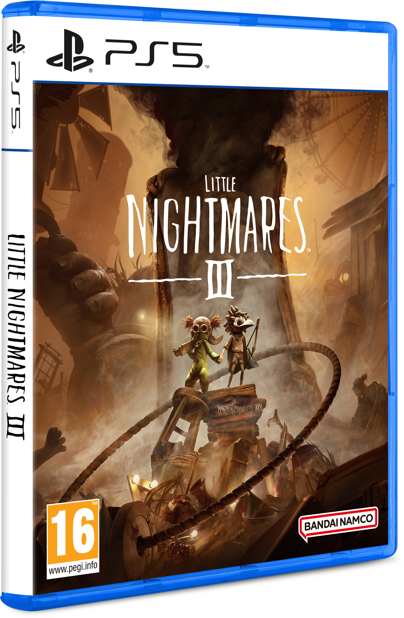 A Little Nightmares III játék dobozának művészete. Két karaktert ábrázol egy szekéren, sötét, szürreális háttérrel és a játék logójával.