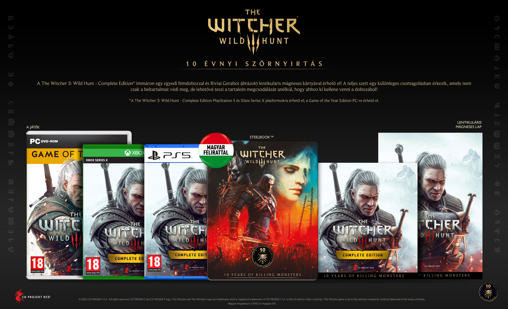 A The Witcher 3 játékdobozai. A képen a játék különböző verziói láthatók Geralttal a borítón.