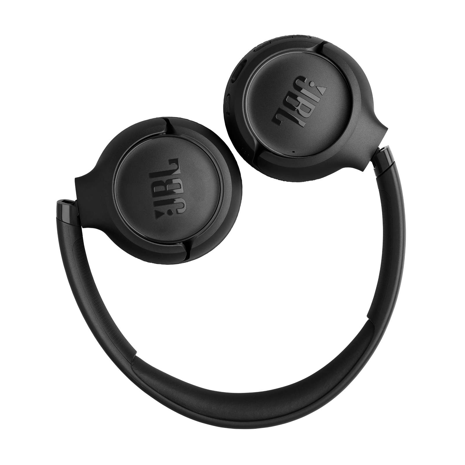 Schwarze JBL-Kopfhörer auf weißem Hintergrund. Die Kopfhörer sind ausgeklappt und zeigen Ohrmuscheln und Kopfband.