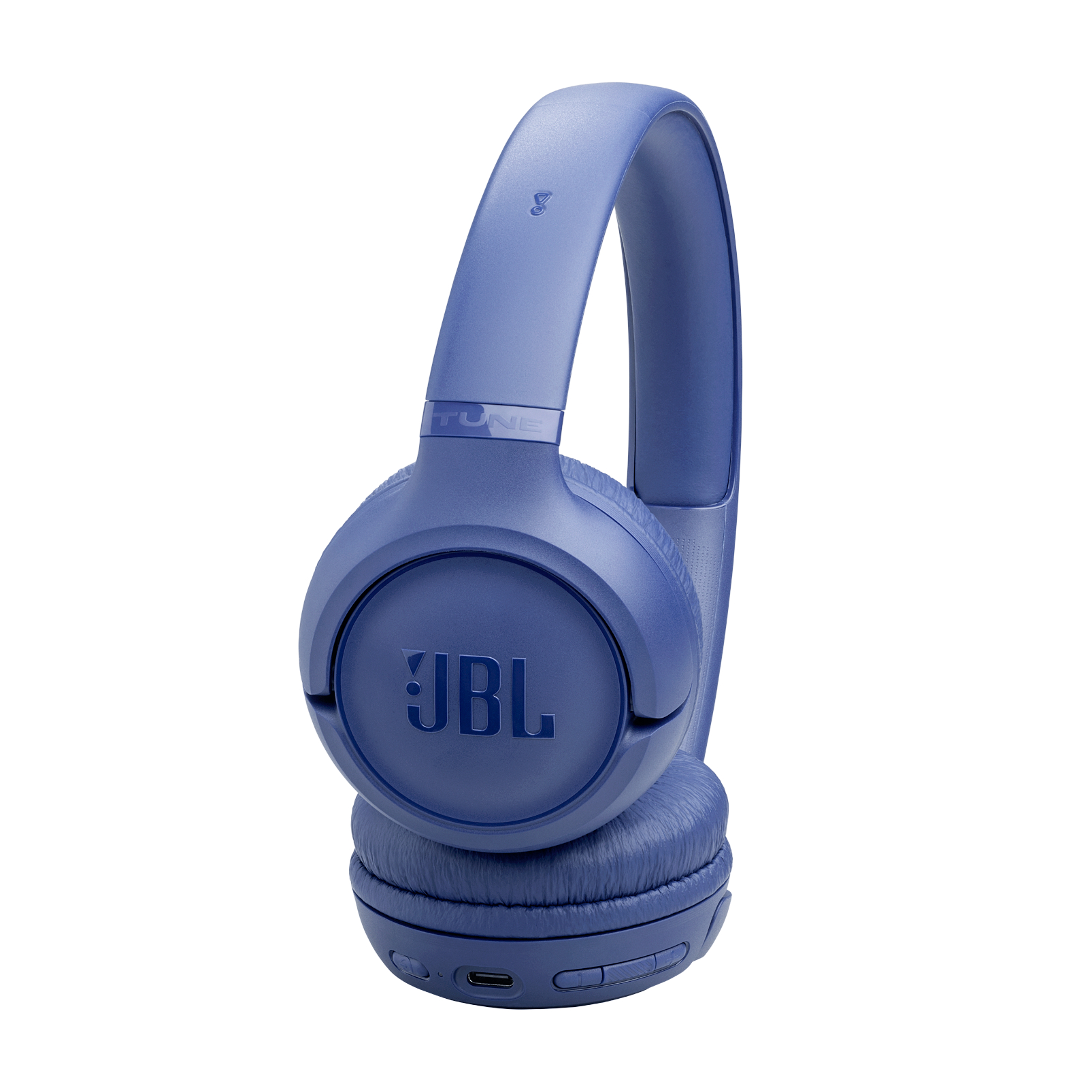 Ein blauer JBL Tune 760NC kabelloser Kopfhörer. Das JBL-Logo ist sichtbar. Der Hintergrund ist weiß.