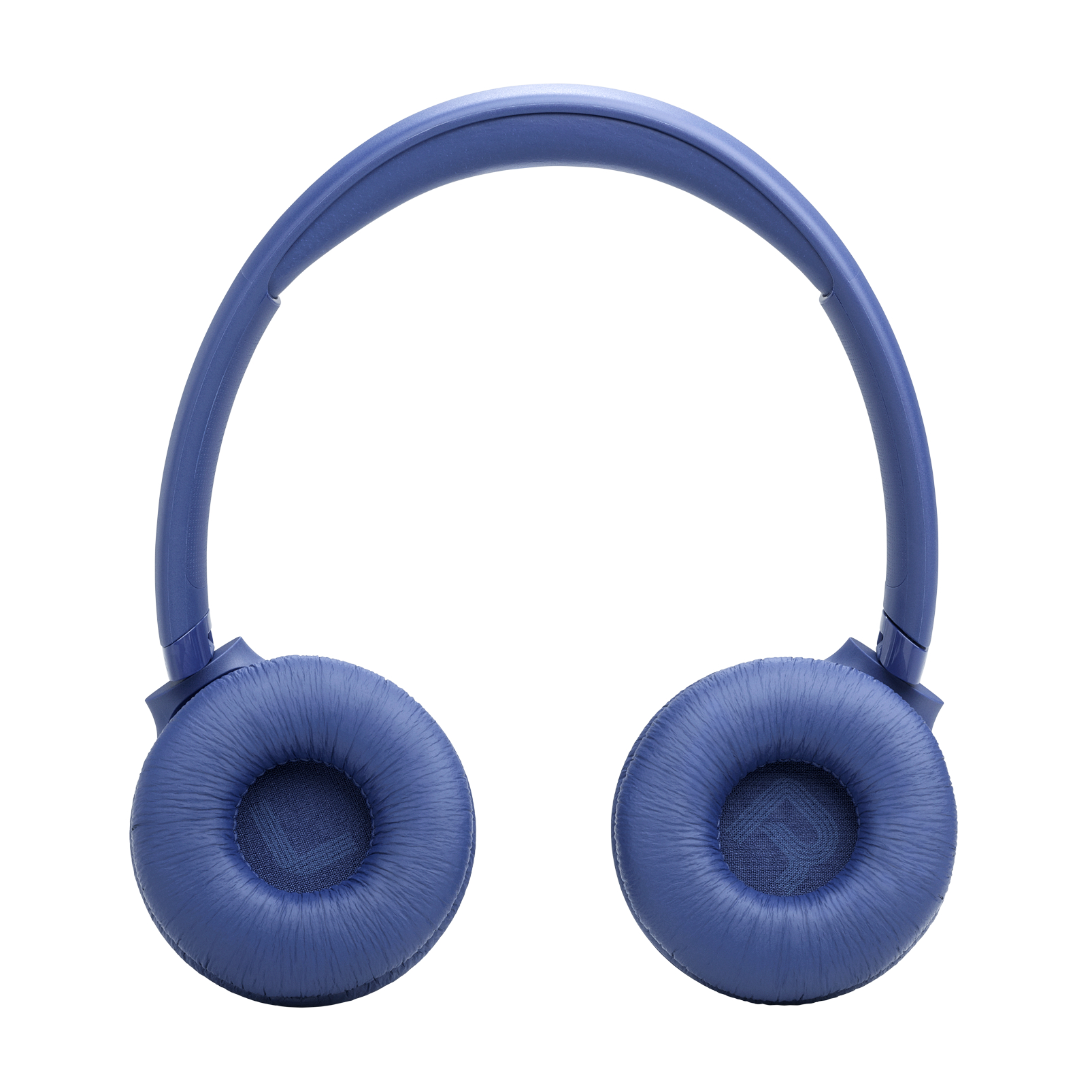 Blaue Kopfhörer mit Bügel und Ohrmuscheln, isoliert auf Weiß. Die Ohrmuscheln sind rund.