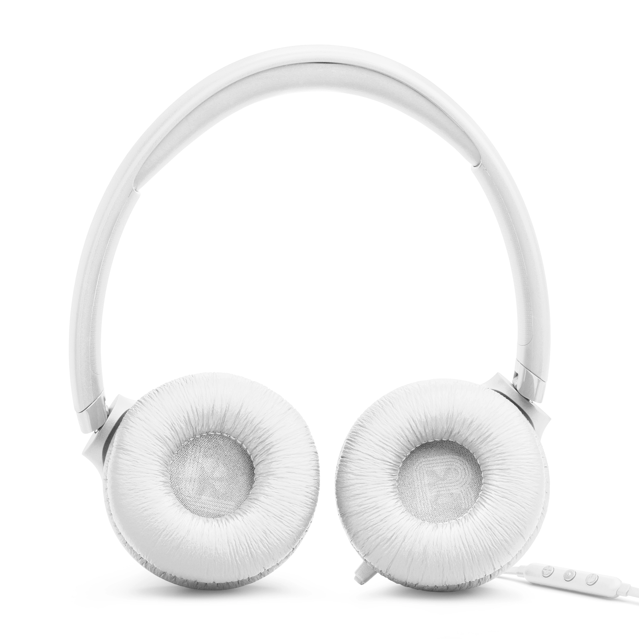 Weiße Kopfhörer auf weißem Hintergrund. Die Kopfhörer haben runde Ohrmuscheln und ein Stirnband. Ein weißes Kabel ist befestigt.