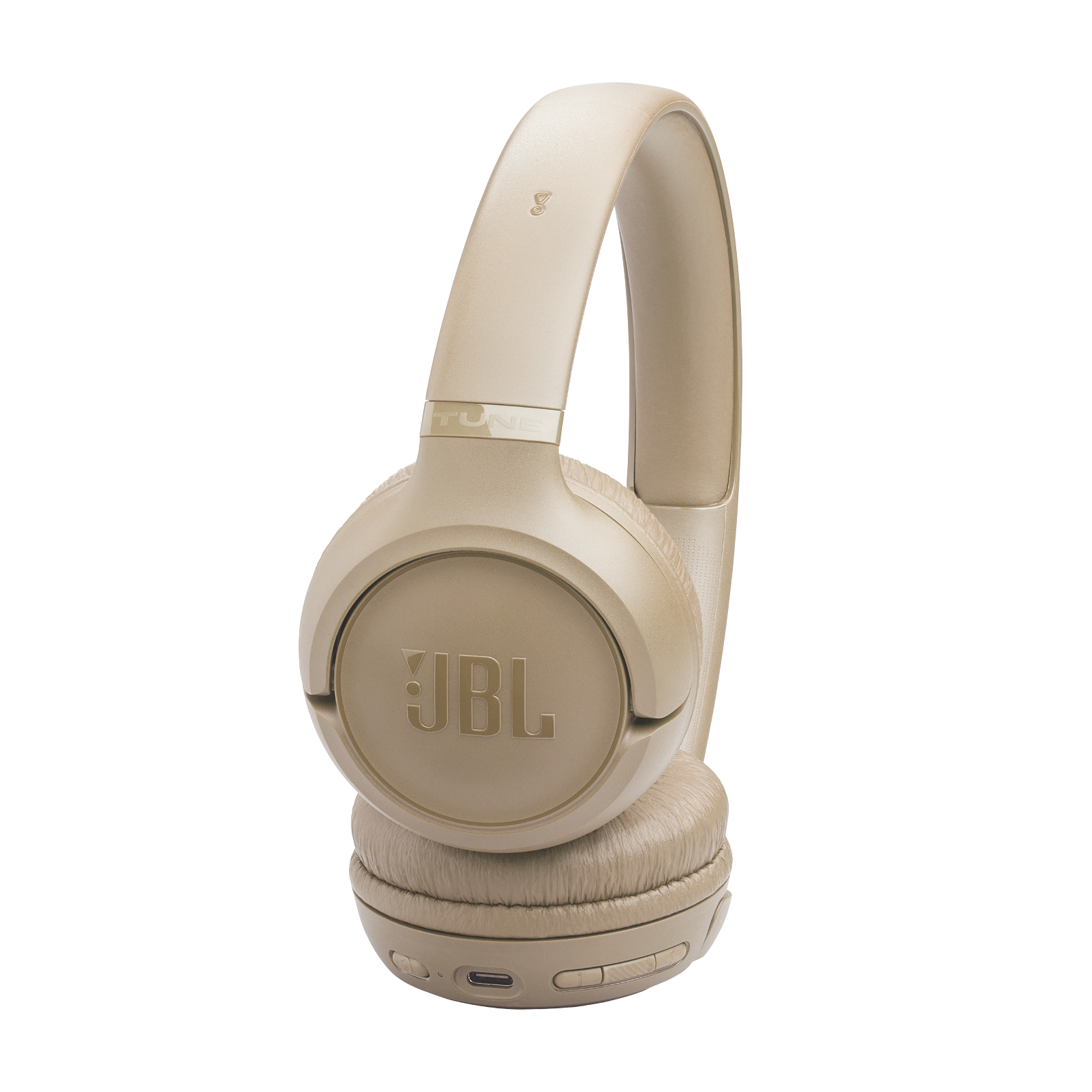 Ein Paar beige JBL Tune 750BTNC Kopfhörer. Die Kopfhörer sind auf weißem Hintergrund. Das JBL-Logo ist sichtbar.