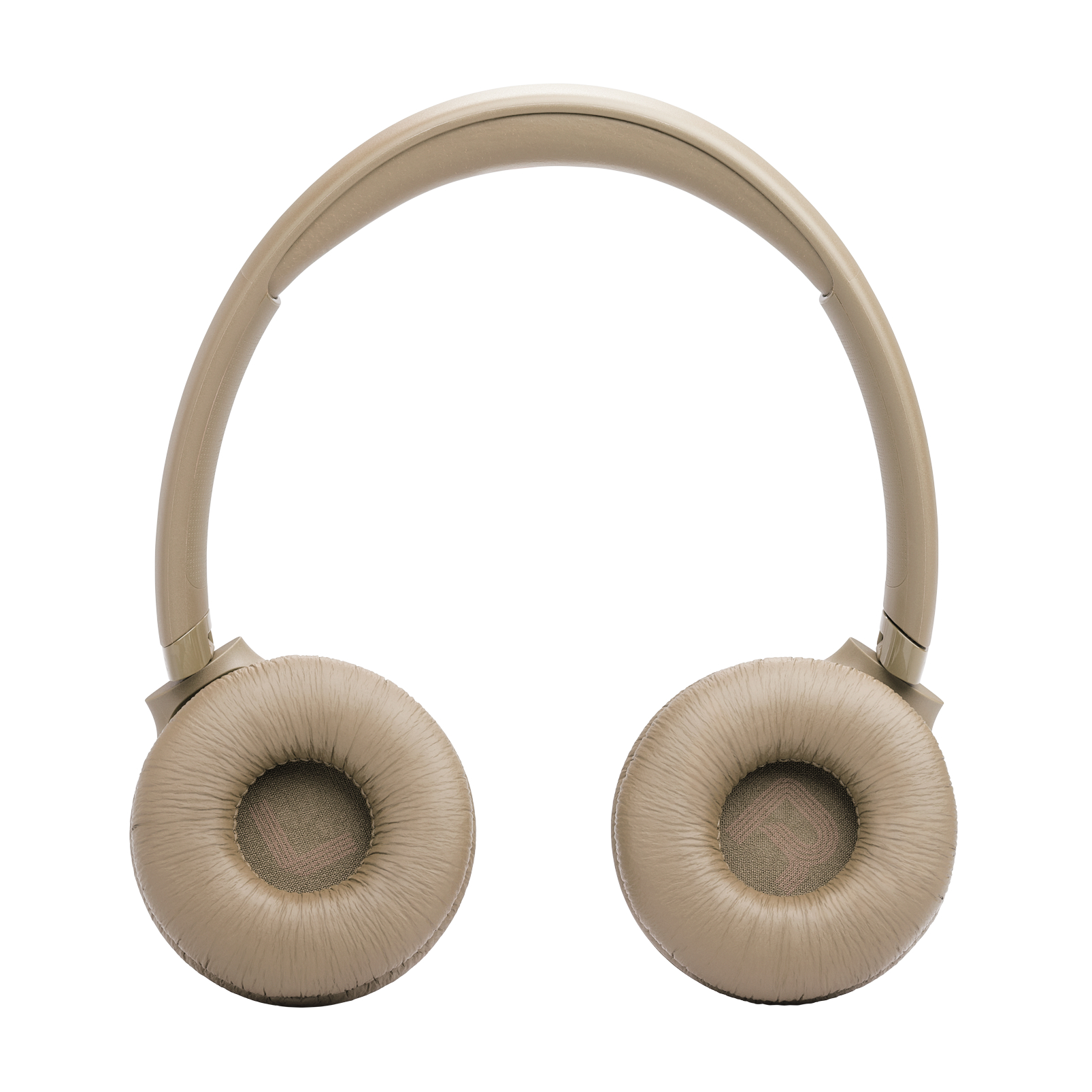 Beige Over-Ear-Kopfhörer, isoliert vor weißem Hintergrund. Die Ohrmuscheln sind kreisförmig und gepolstert.