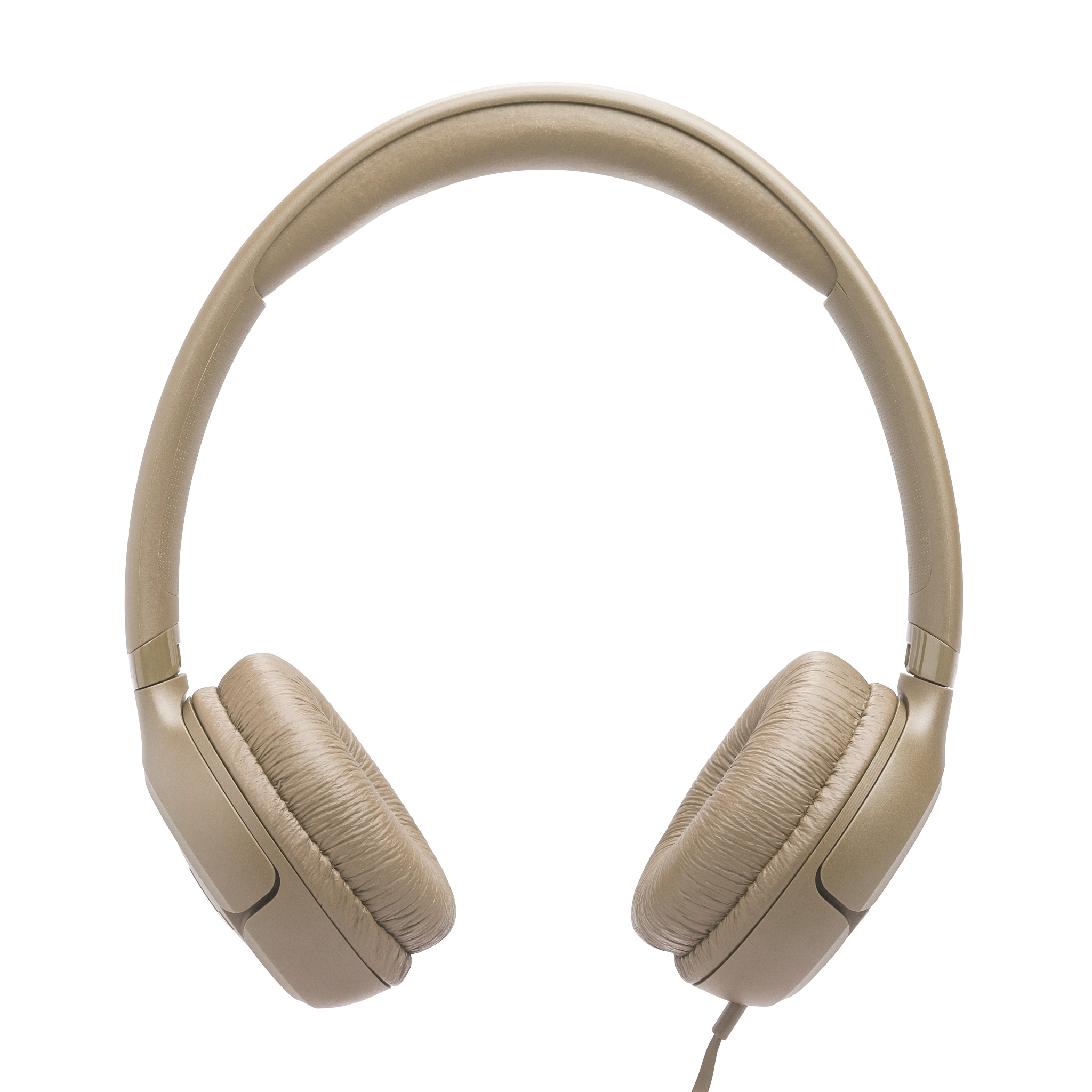 Beige Kopfhörer auf weißem Hintergrund. Die Kopfhörer haben einen gepolsterten Kopfbügel und Ohrmuscheln mit Kabel.