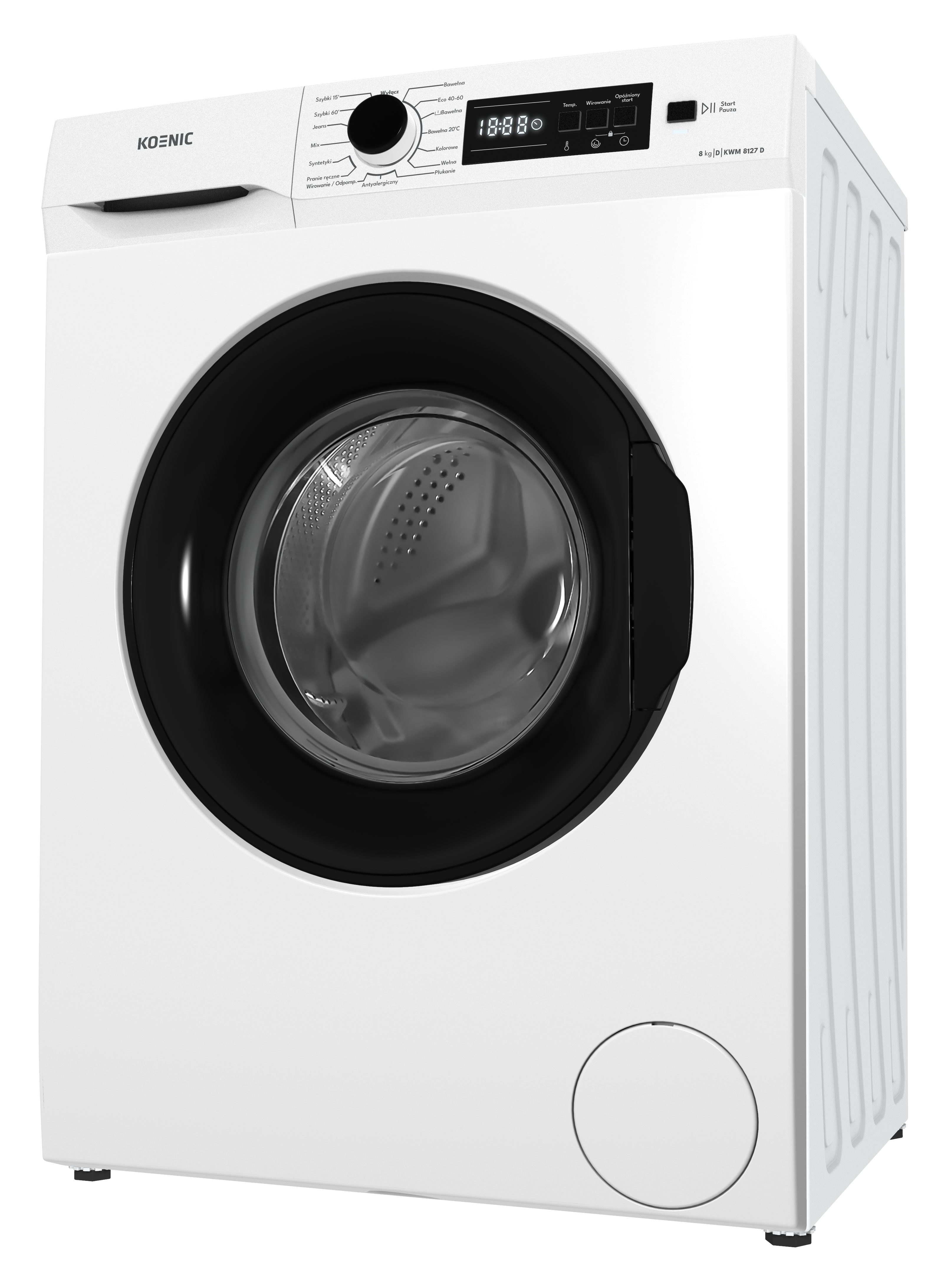 Biała pralka Koenic z czarnymi drzwiami. Ma cyfrowy wyświetlacz z godziną 18:88.