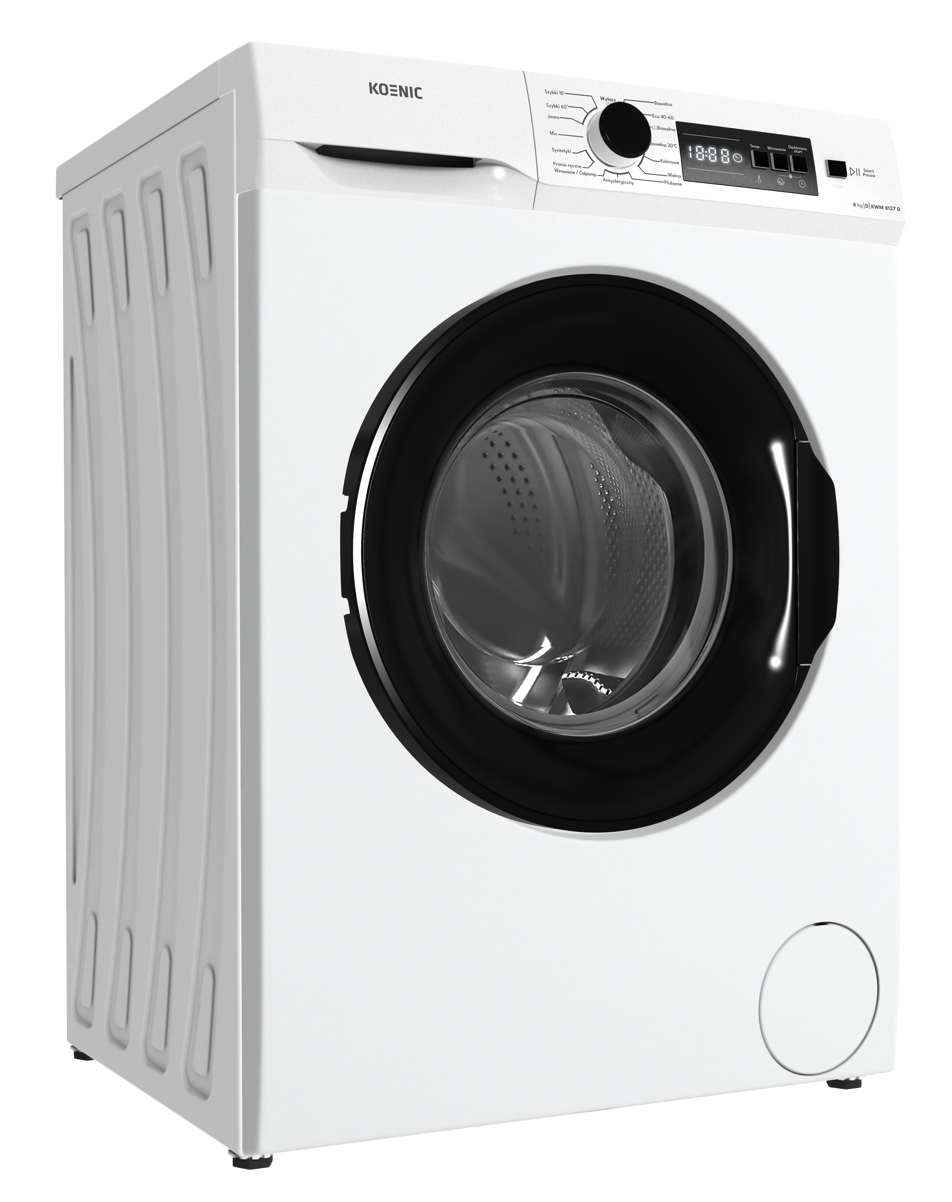 Biała pralka z czarnymi drzwiami i panelem sterowania. Marka to Koenic.