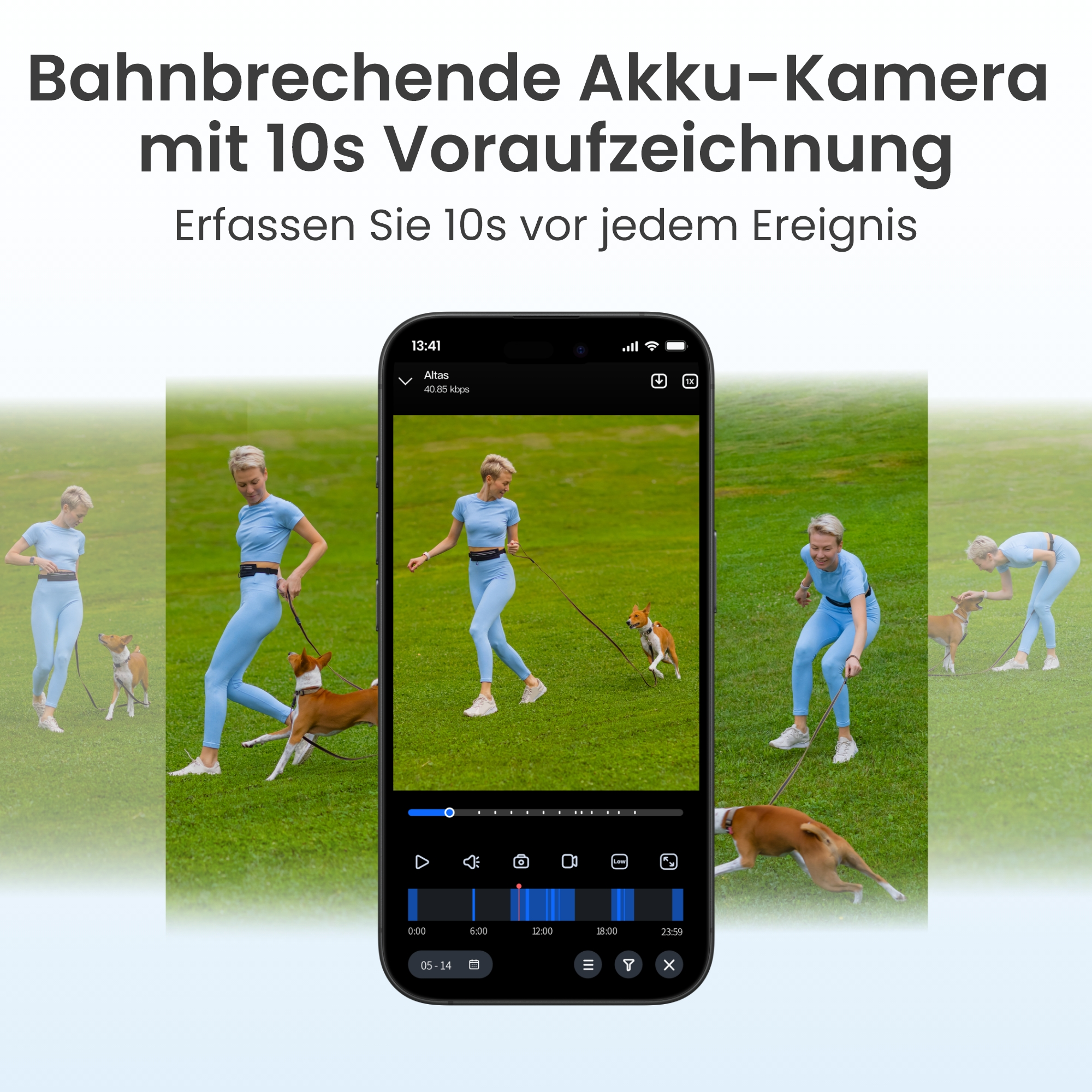 Eine Frau in Blau geht mit ihrem Hund auf einem grünen Feld spazieren, gezeigt auf einem Telefonbildschirm. Text oben beschreibt eine Kamera.