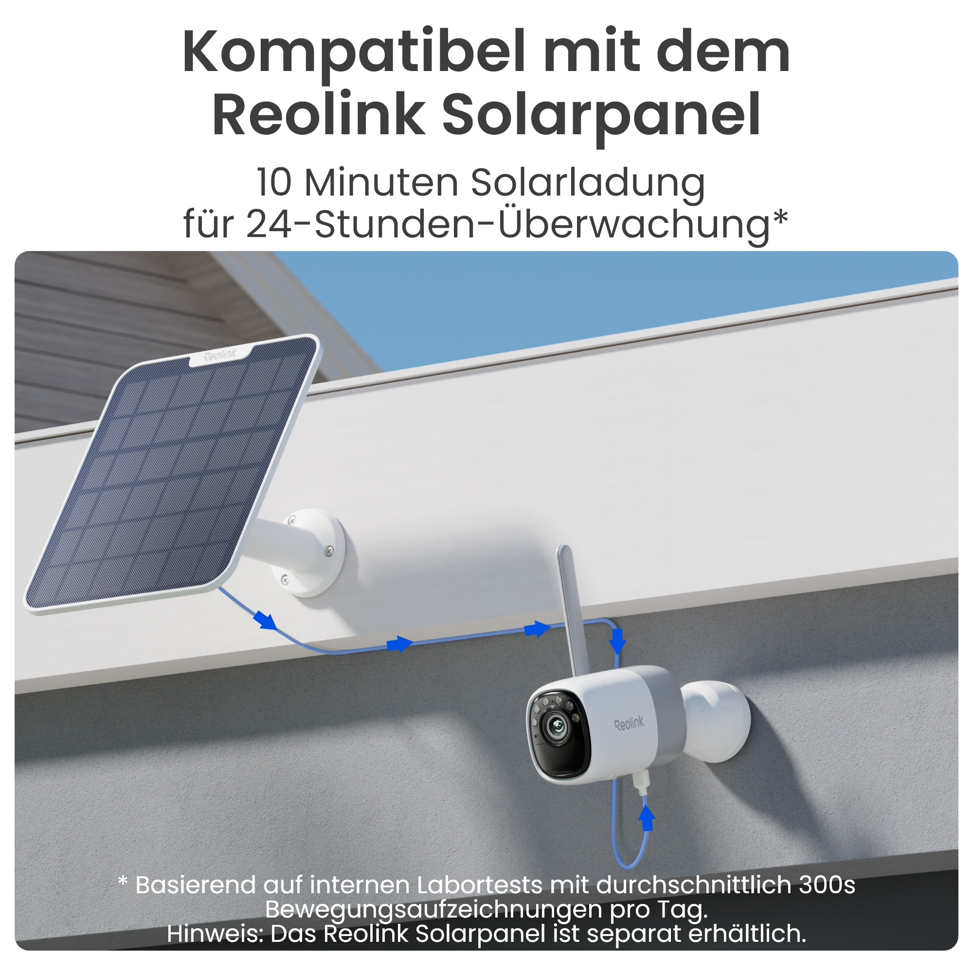 Eine weiße Reolink-Sicherheitskamera mit Solarpanel. Die Kamera ist über ein blaues Kabel mit dem Solarpanel verbunden.
