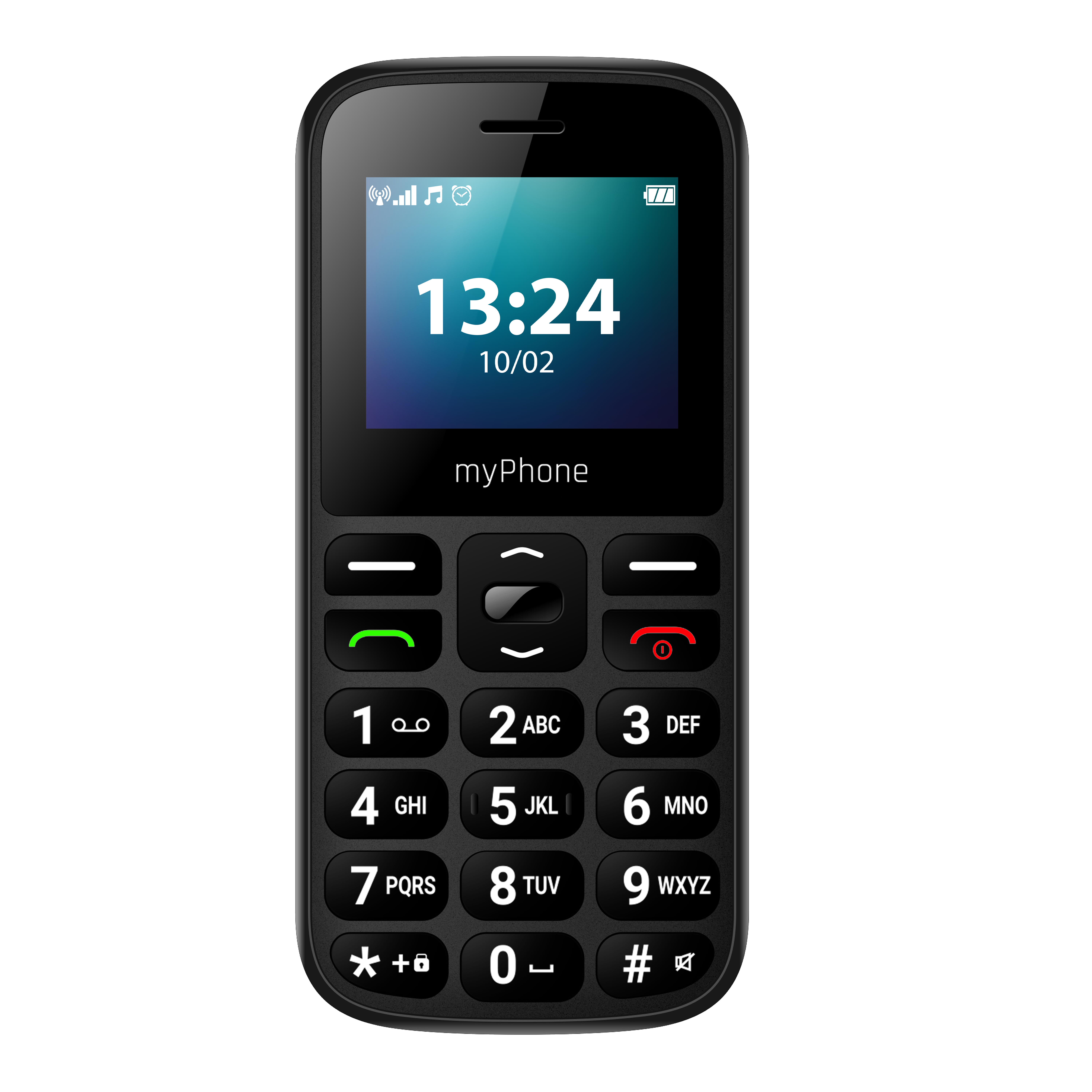 Egy fekete mobiltelefon 13:24-et, 10/02-t mutat. Számokkal és funkciógombokkal ellátott billentyűzete van.