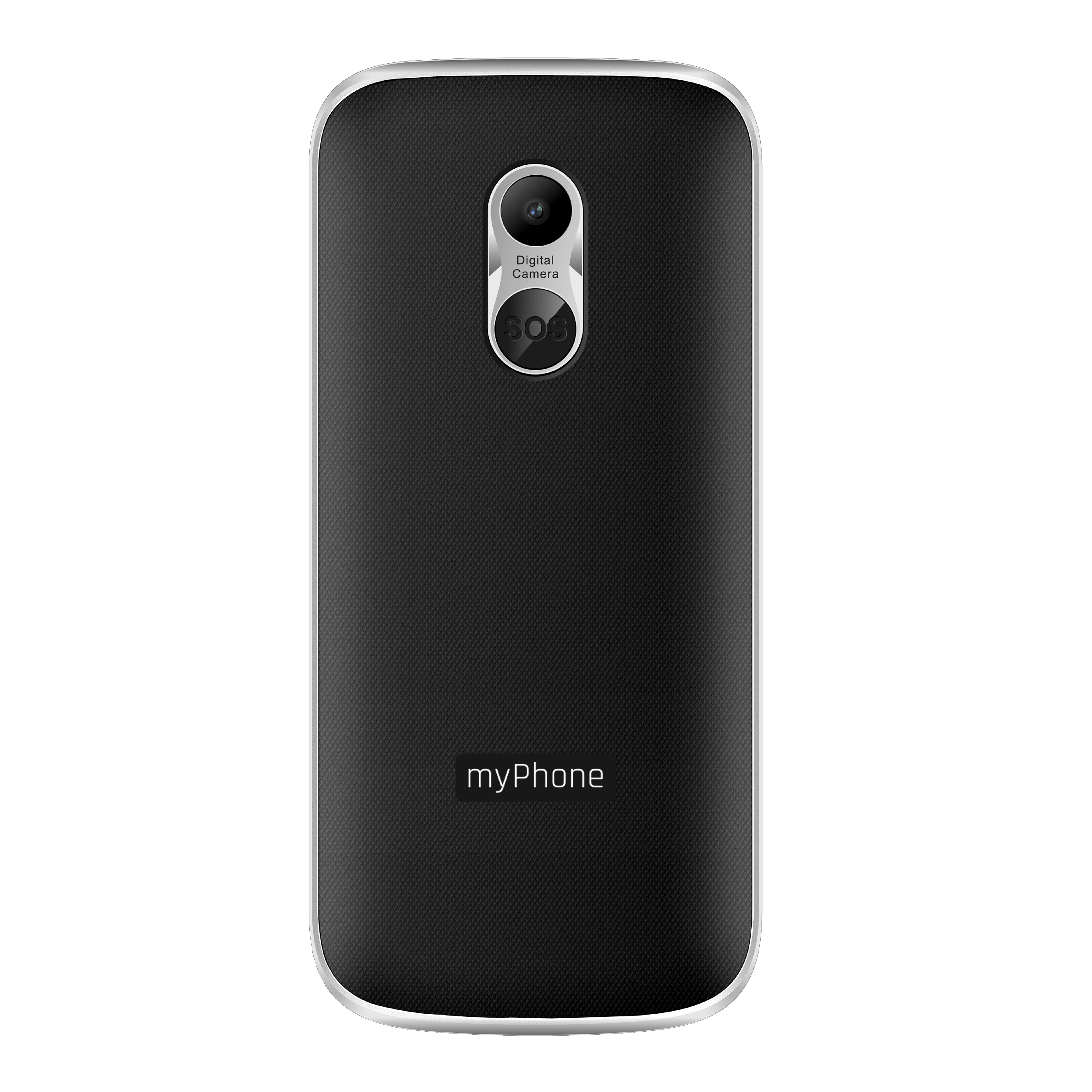 Fekete telefon hátlapja kamerával és SOS gombbal. Fehér szegély és myPhone logó. Gyémántminta.
