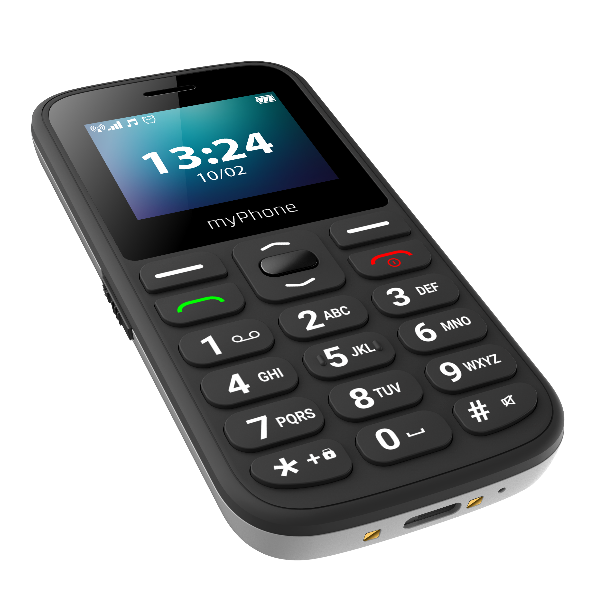 Egy fekete myPhone mobiltelefon, amelynek képernyőjén az idő és a dátum látható. Gombok és ezüst szegély.