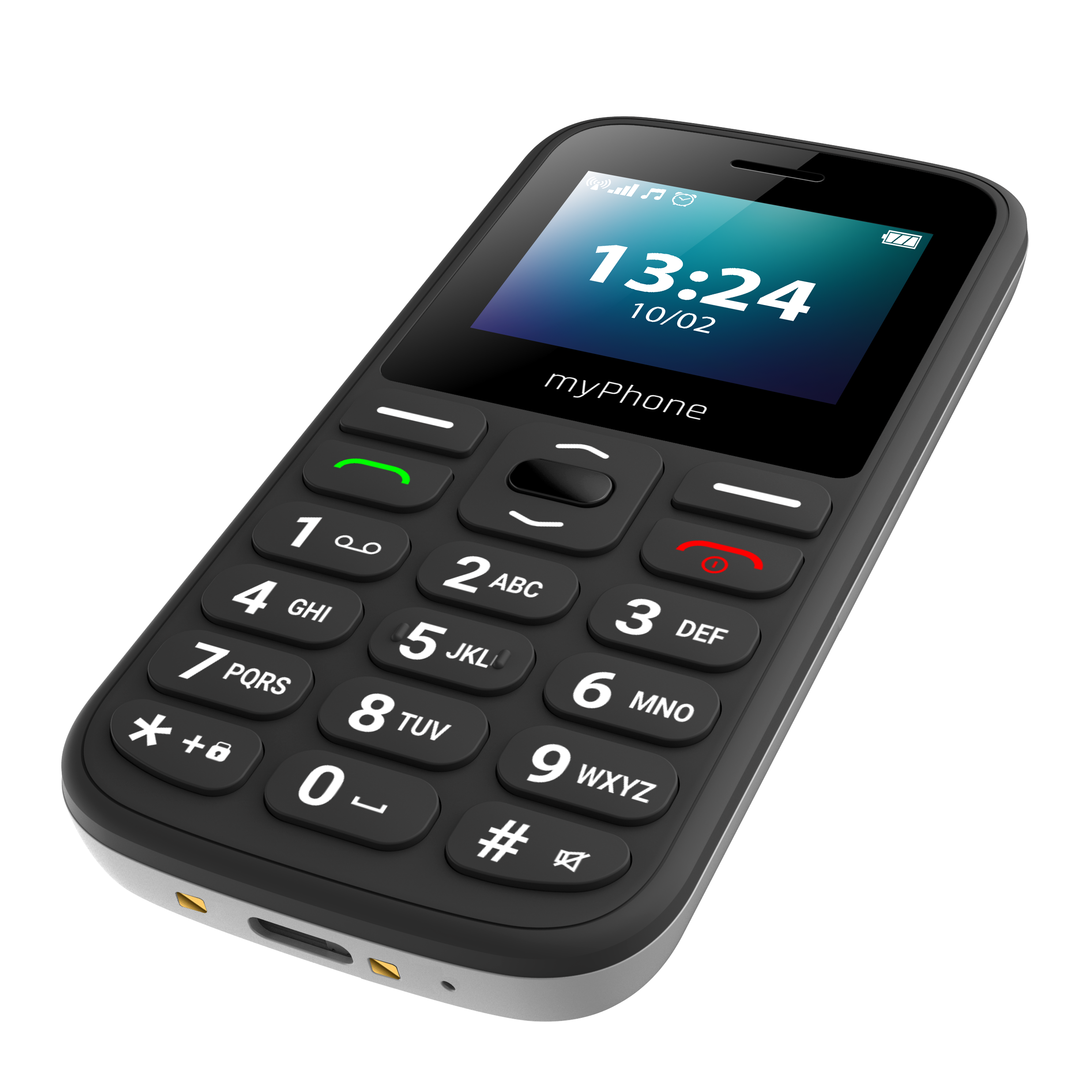 Egy fekete 'myPhone' mobiltelefon, amelynek képernyőjén az idő és a dátum látható. A telefonon számbillentyűzet és egy kék kártya van behelyezve.