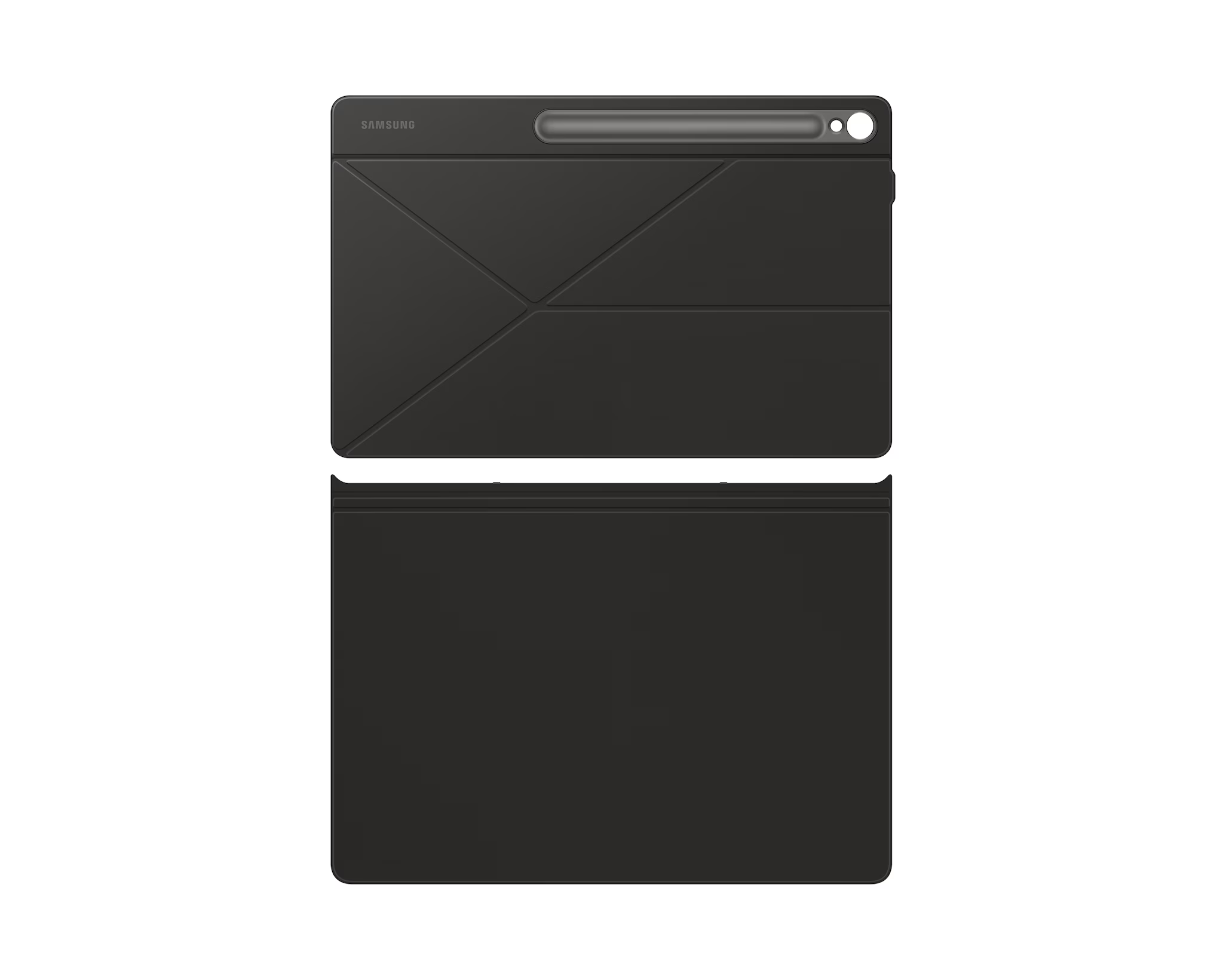Fekete Samsung tablet tok, összehajtva. A felső részén van egy tolltartó. Az alsó része lapos.