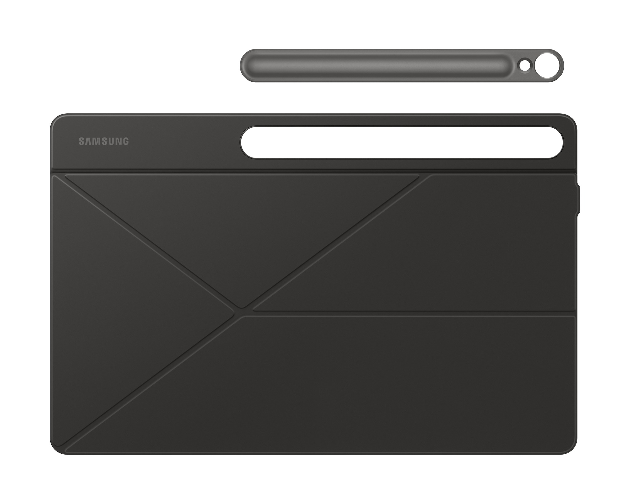 Sötétszürke tablettok, felette egy tollal. A tok geometriai kialakítású, Samsung logóval.