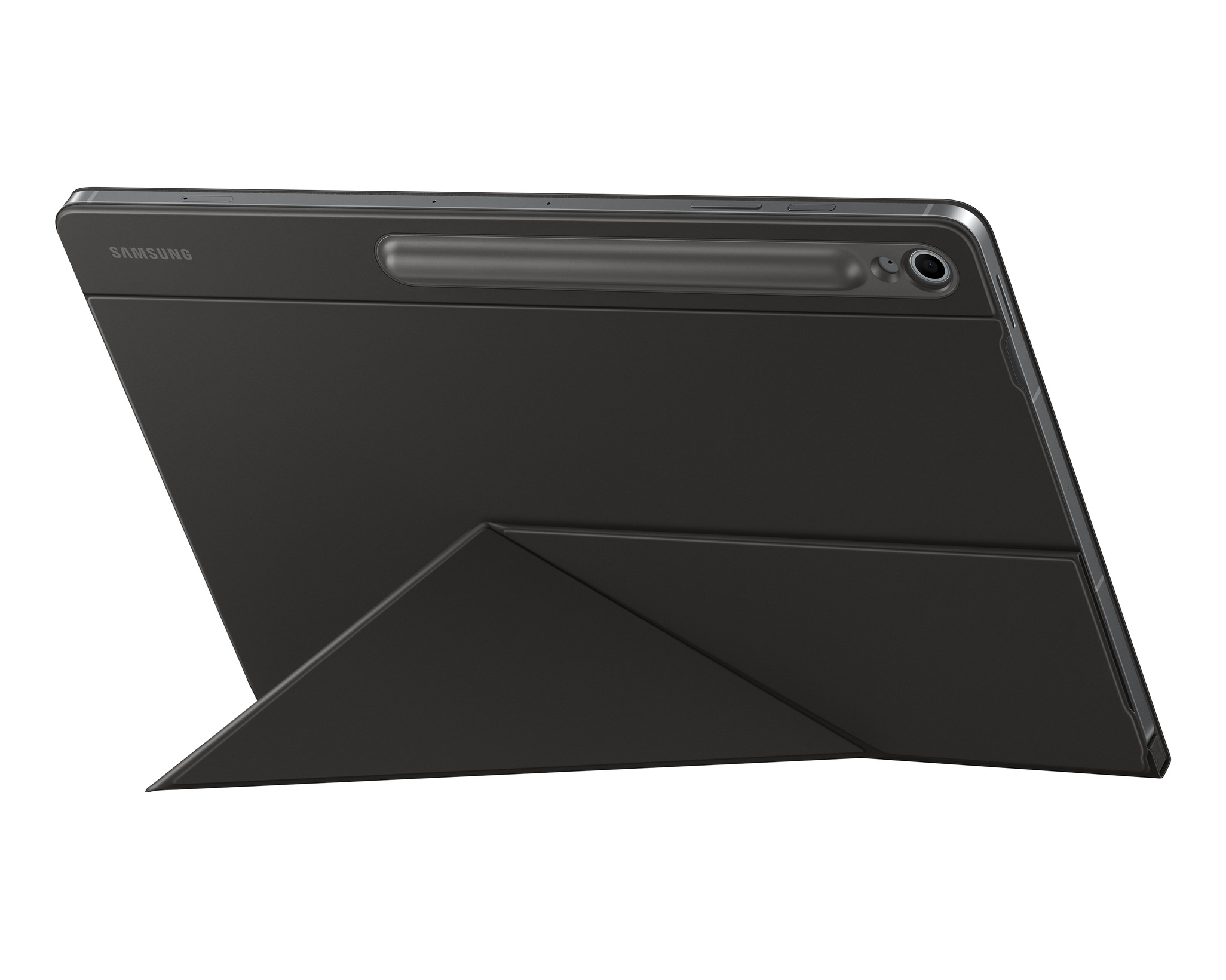 Fekete táblagép állványban. A Samsung logója látható. A táblagép kamerával és tolltartóval rendelkezik.