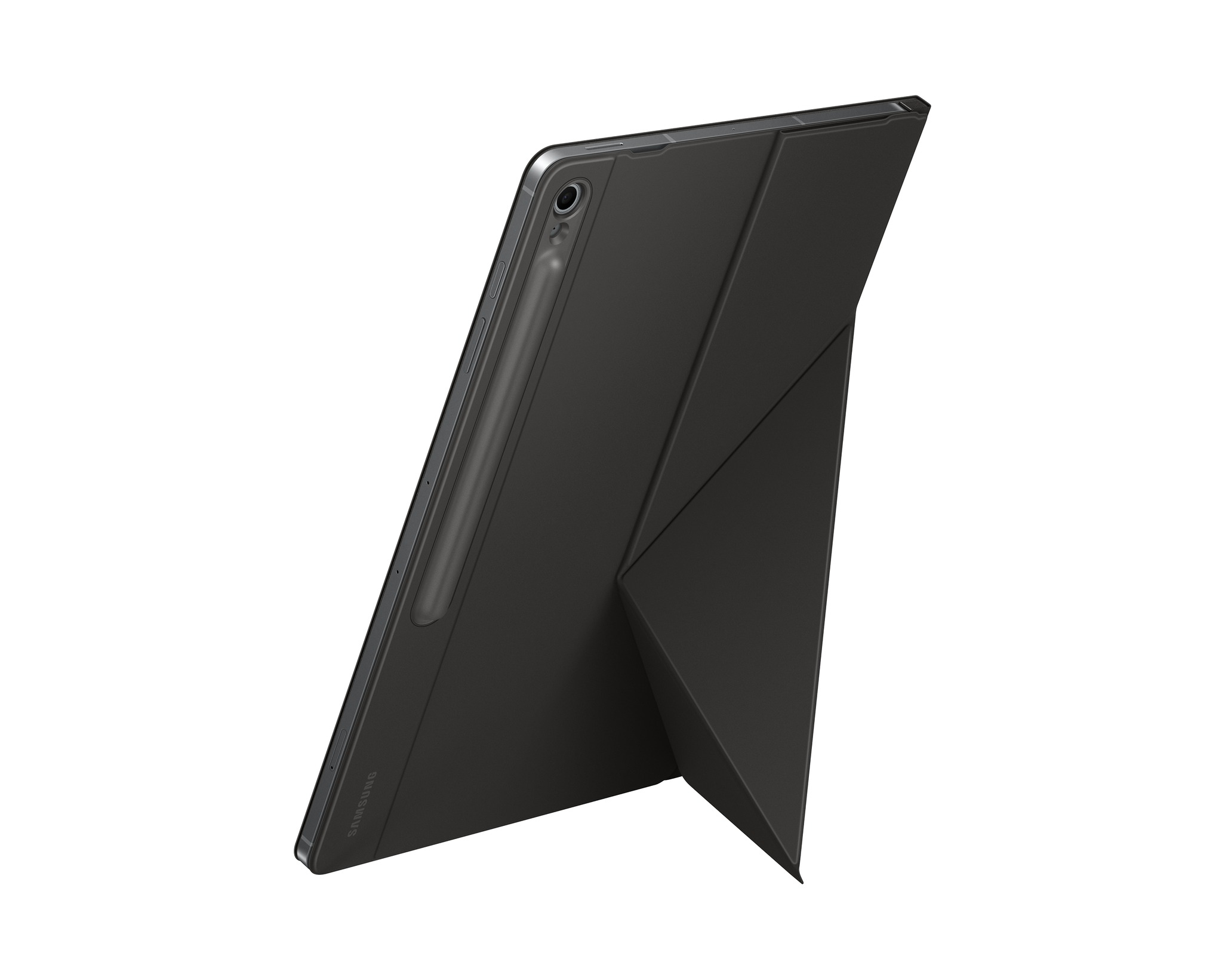 Egy fekete táblagép tokkal fehér háttéren. Egy stylus csatlakoztatva. A Samsung logó látható.