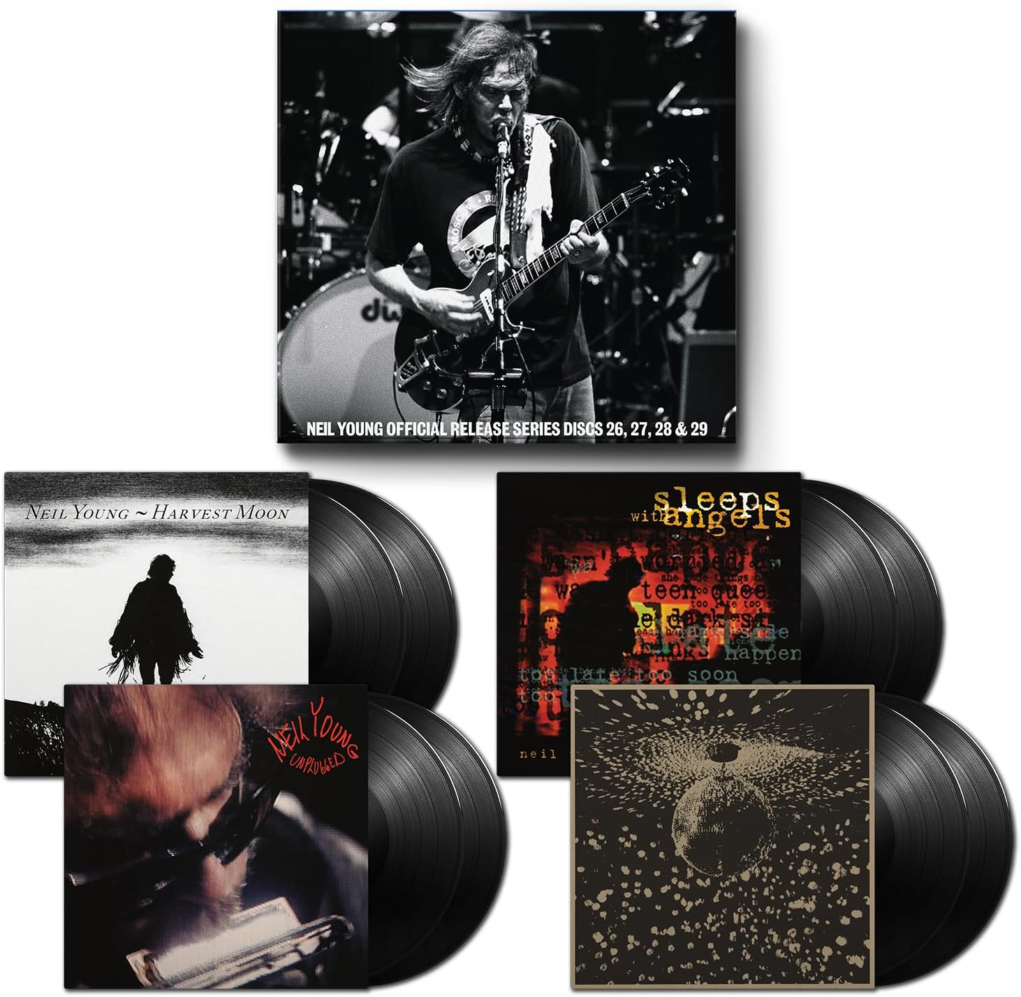 Couvertures d'albums de Neil Young et disques vinyles. Les albums incluent Harvest Moon, Sleeps With Angels et Unplugged, avec photo de concert.