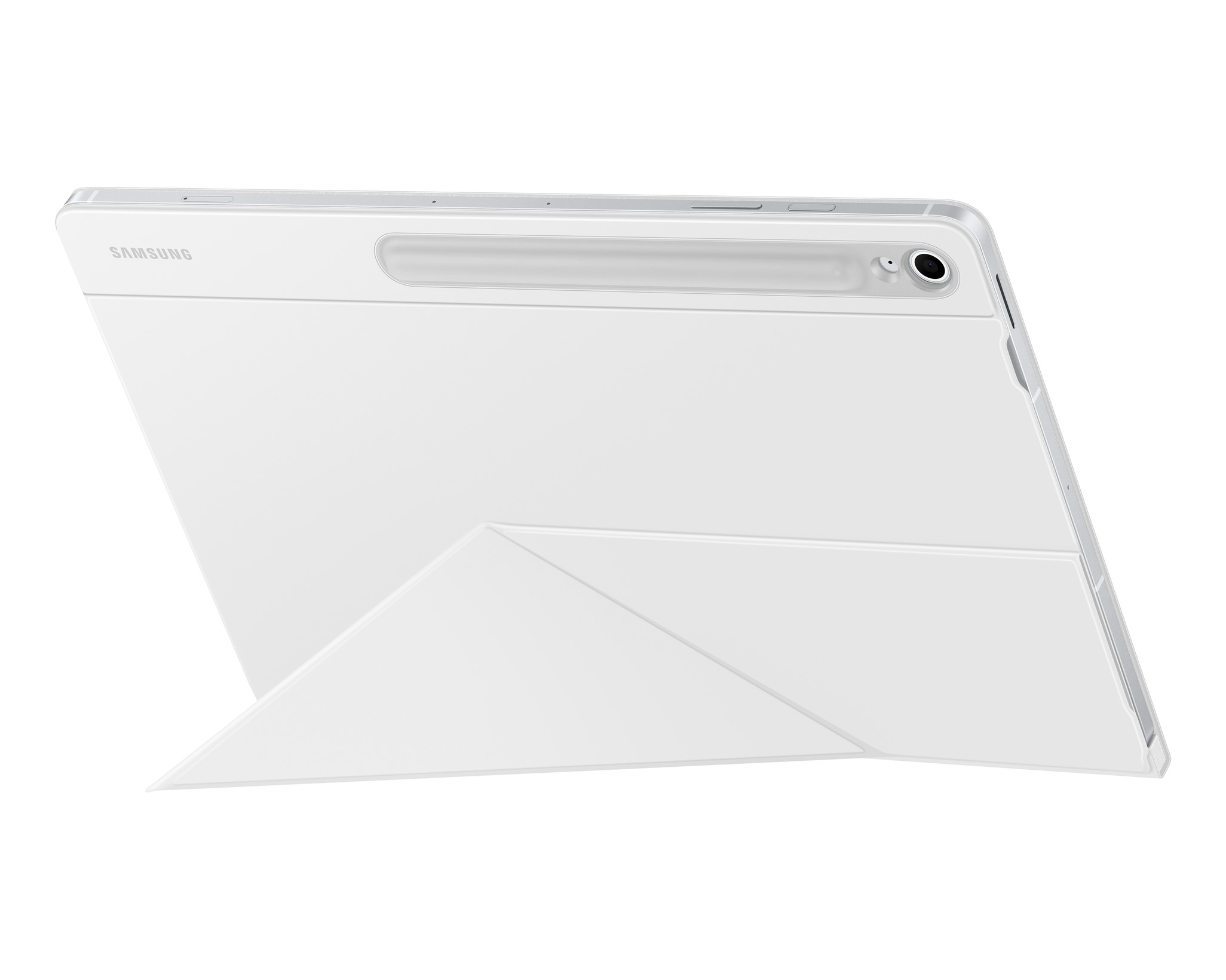 Fehér tablet fehér tokkal és állvánnyal. A tablet kamerával és Samsung logóval rendelkezik. A tok állvánnyá hajtható.