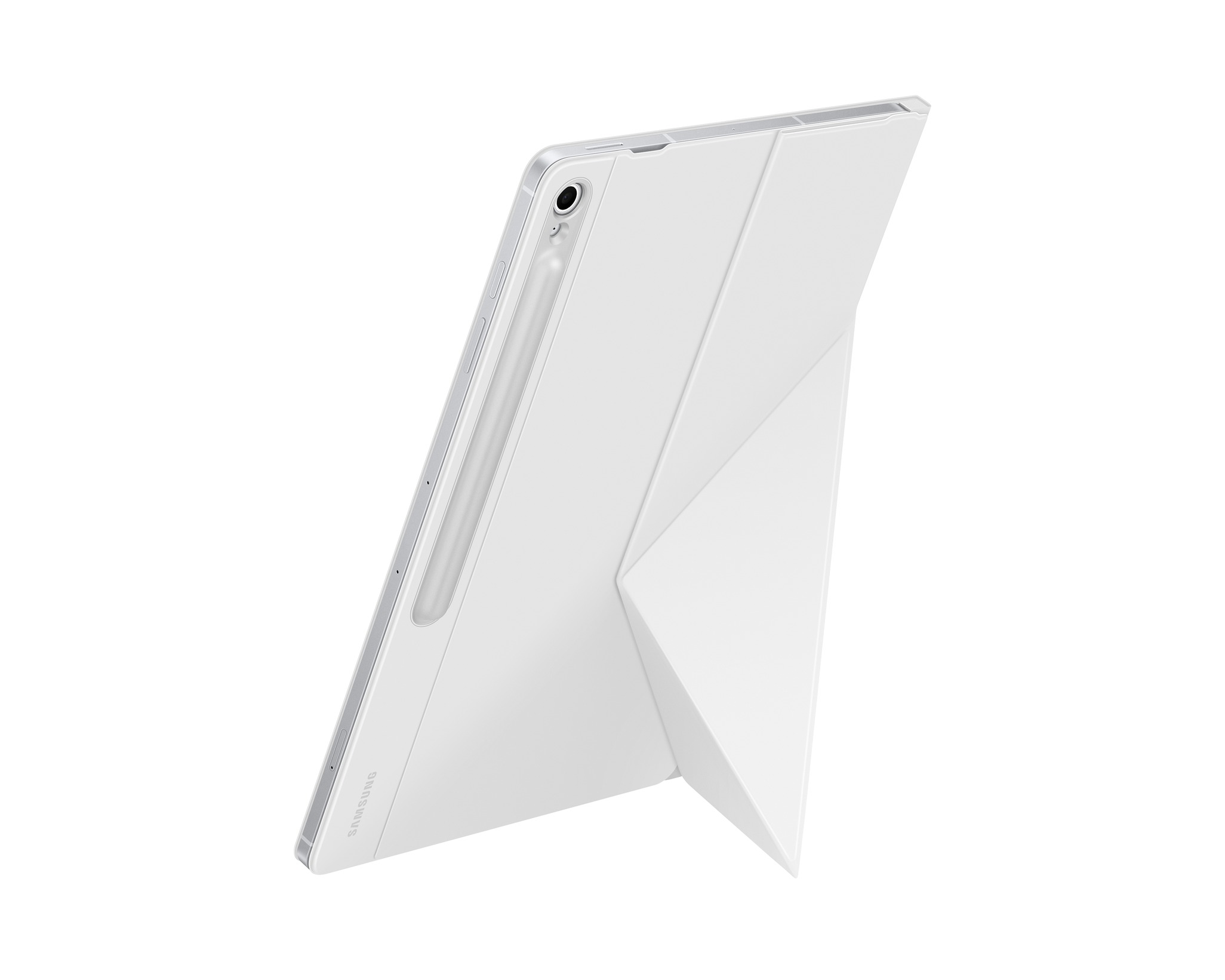 Egy fehér táblagép stylus-szal a tokjával van megtámasztva. Látható a Samsung logója. A háttér fehér.