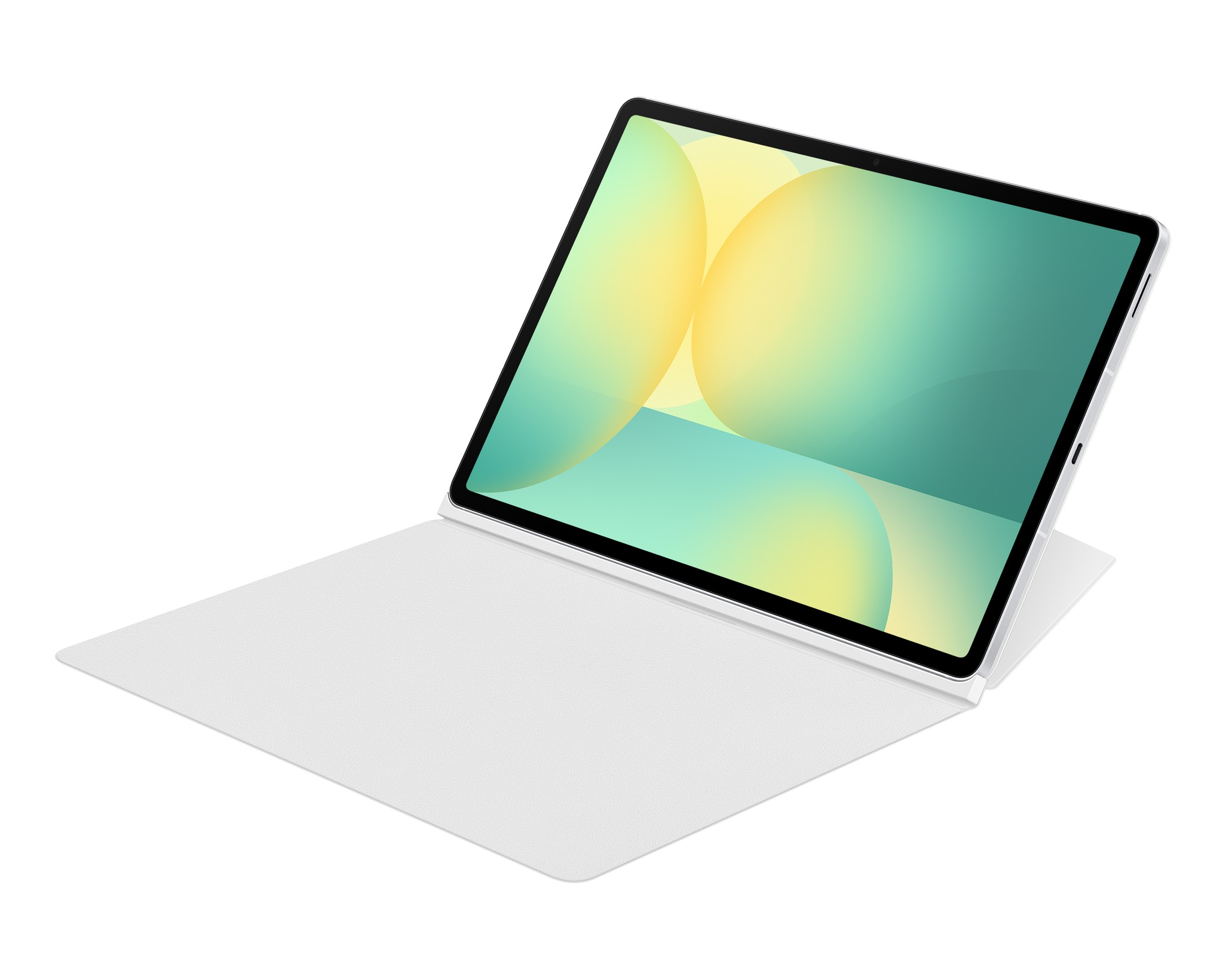 Egy ezüst tablet zöld és sárga színátmenettel, fehér felületen nyitva.