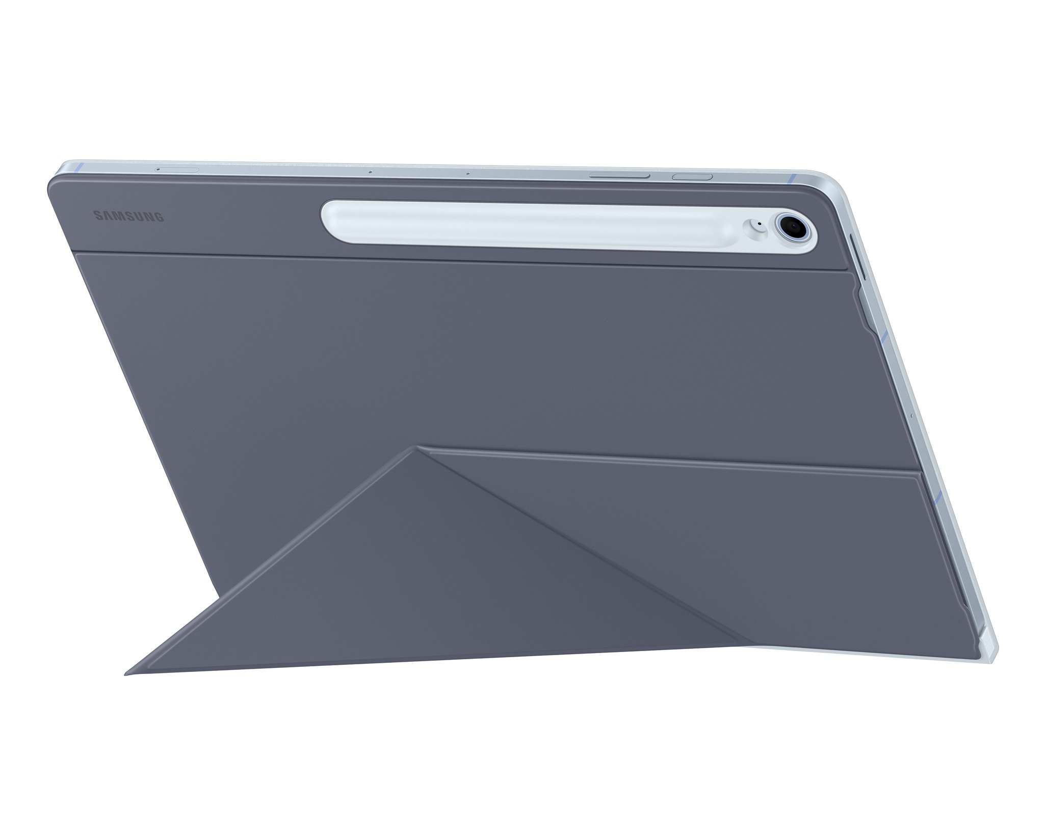 Egy szürke tablet, összecsukható tokkal álló helyzetben. A tablethez egy toll és egy kamera tartozik.