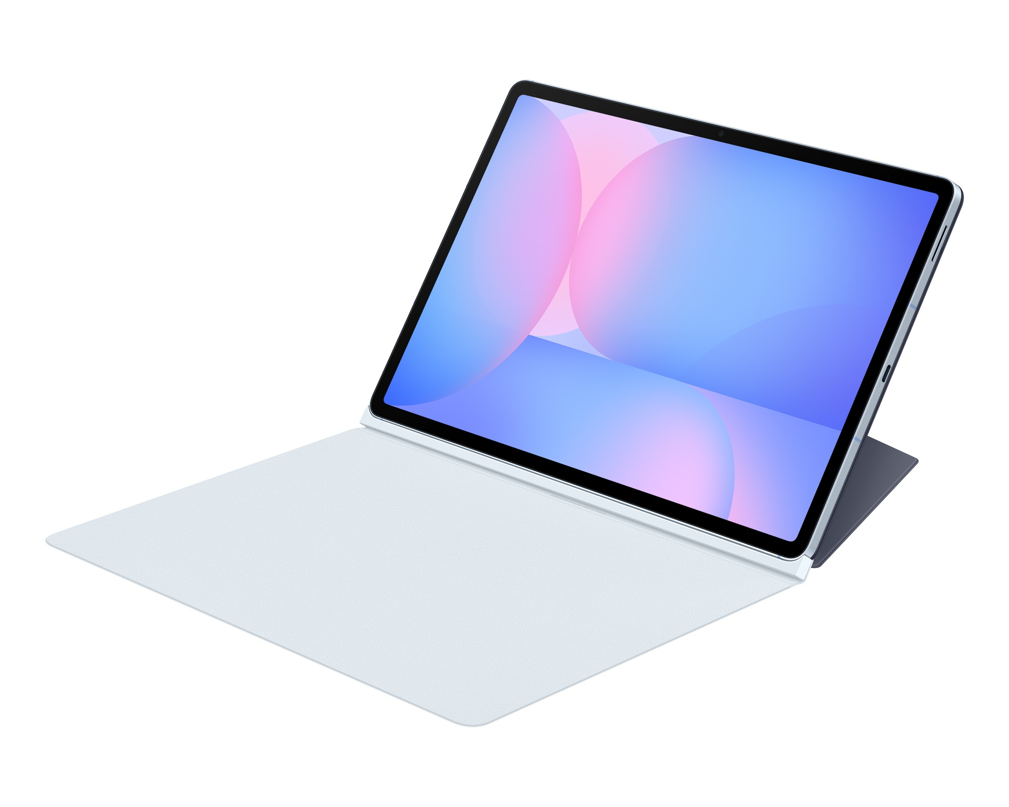Kék-rózsaszín képernyős tablet, világoskék borítón nyitva. Fehér háttér.