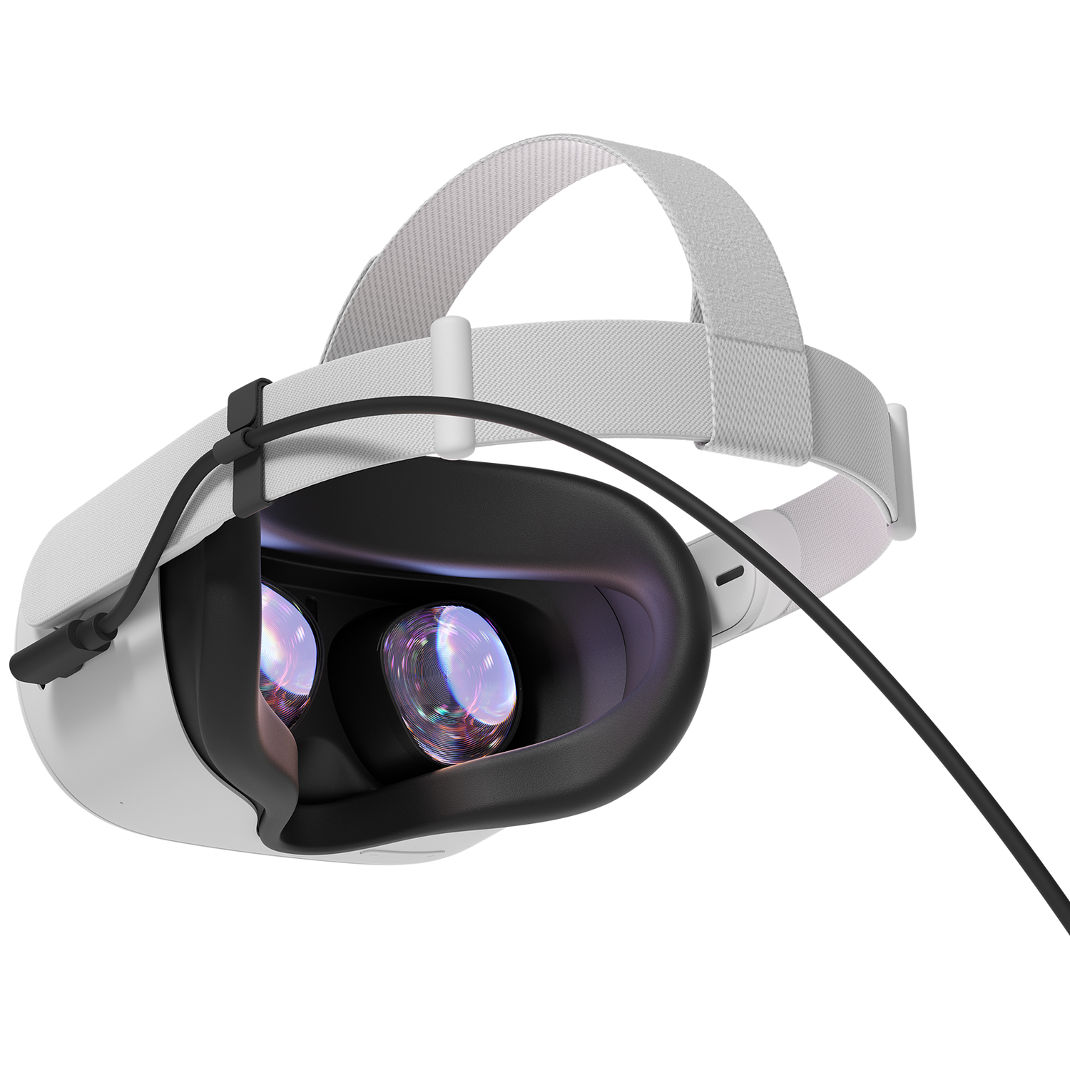 A white VR headset with black interior, lenses, and a strap. A black cable is connected to the headset.