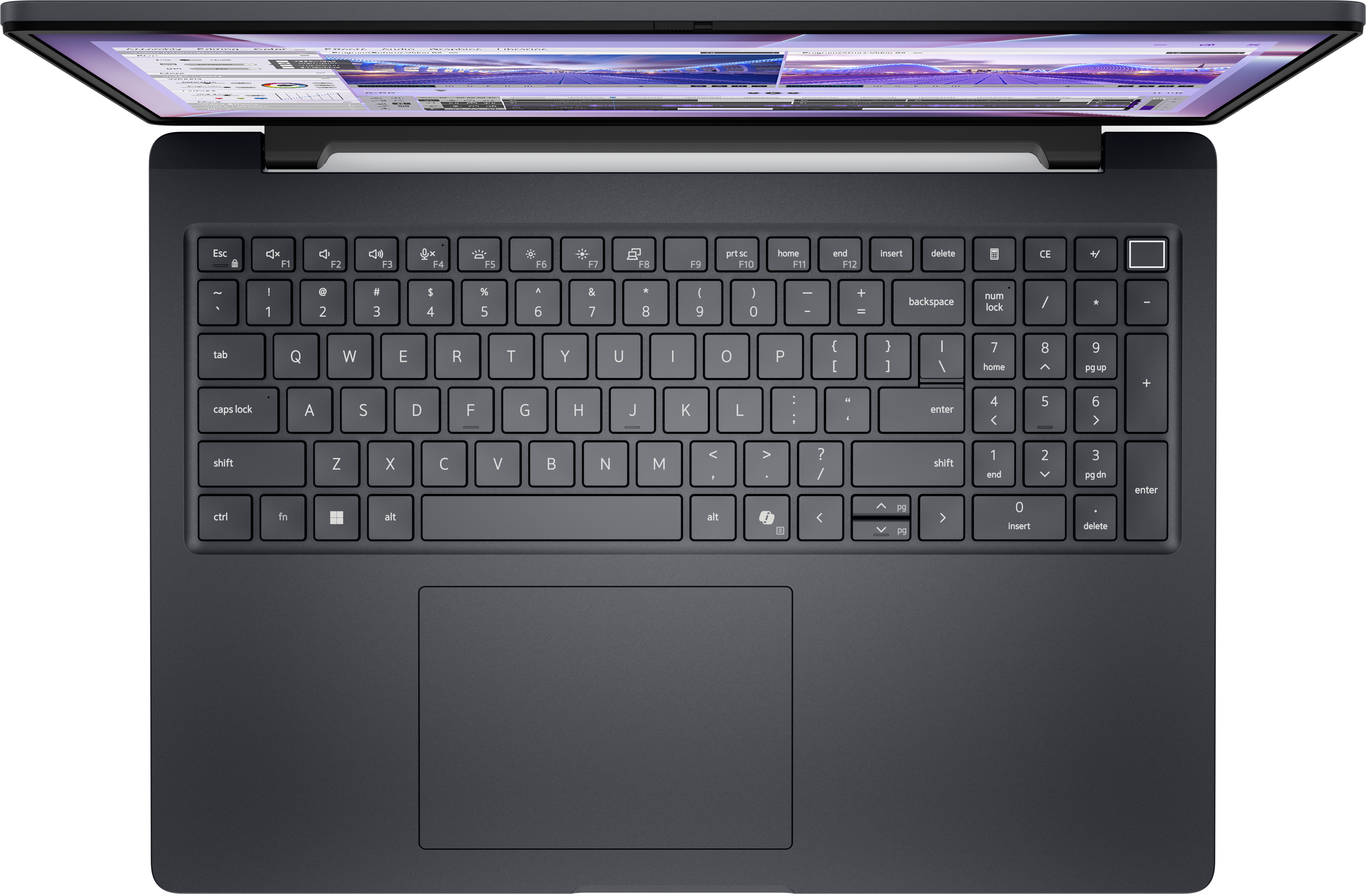Draufsicht auf einen Laptop mit geöffnetem Bildschirm. Die Tastatur ist sichtbar, darunter ein Touchpad. Der Bildschirm zeigt eine Oberfläche.