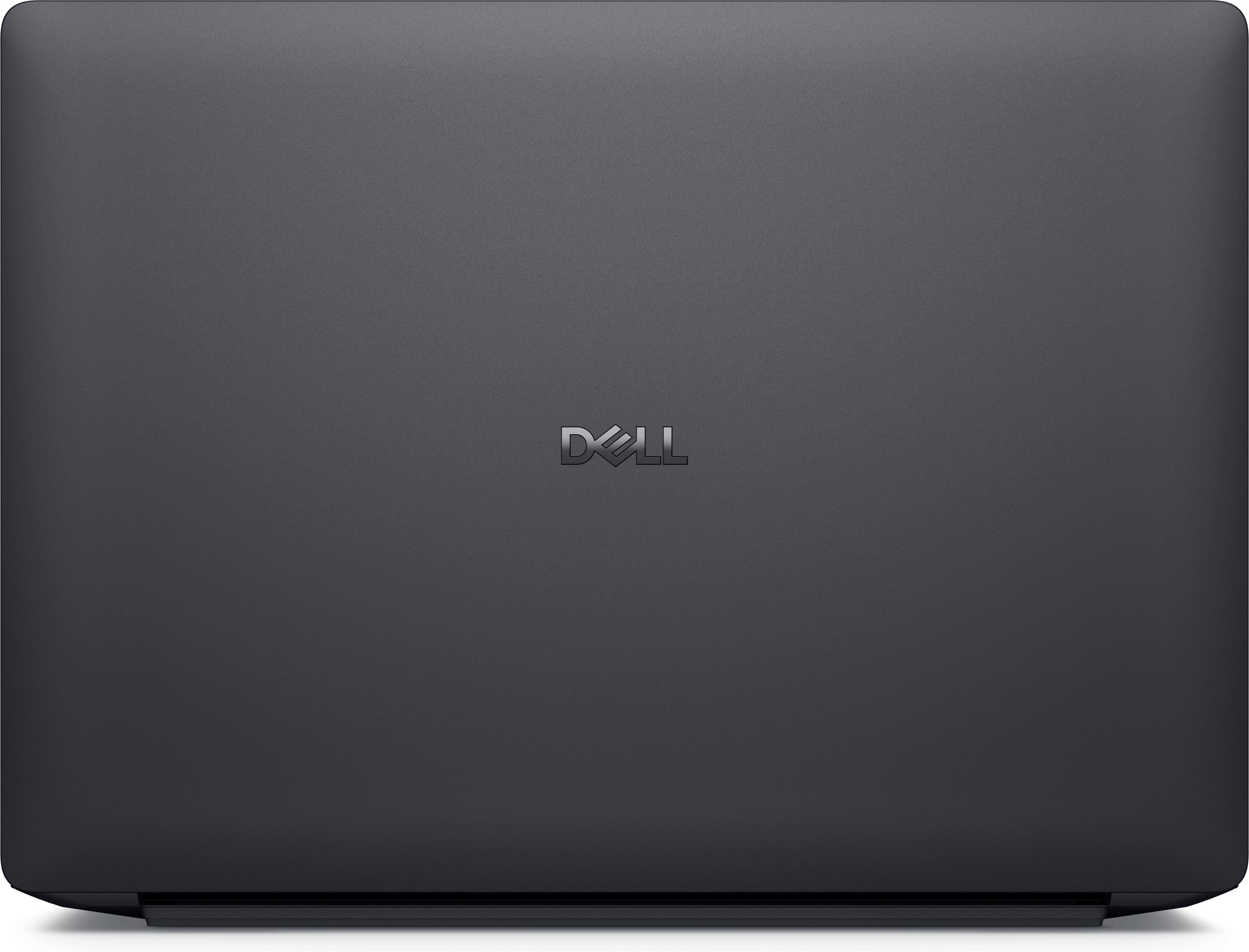 Ein geschlossener, dunkelgrauer Dell-Laptop. Das Dell-Logo ist zentriert. Der Hintergrund ist schlicht.