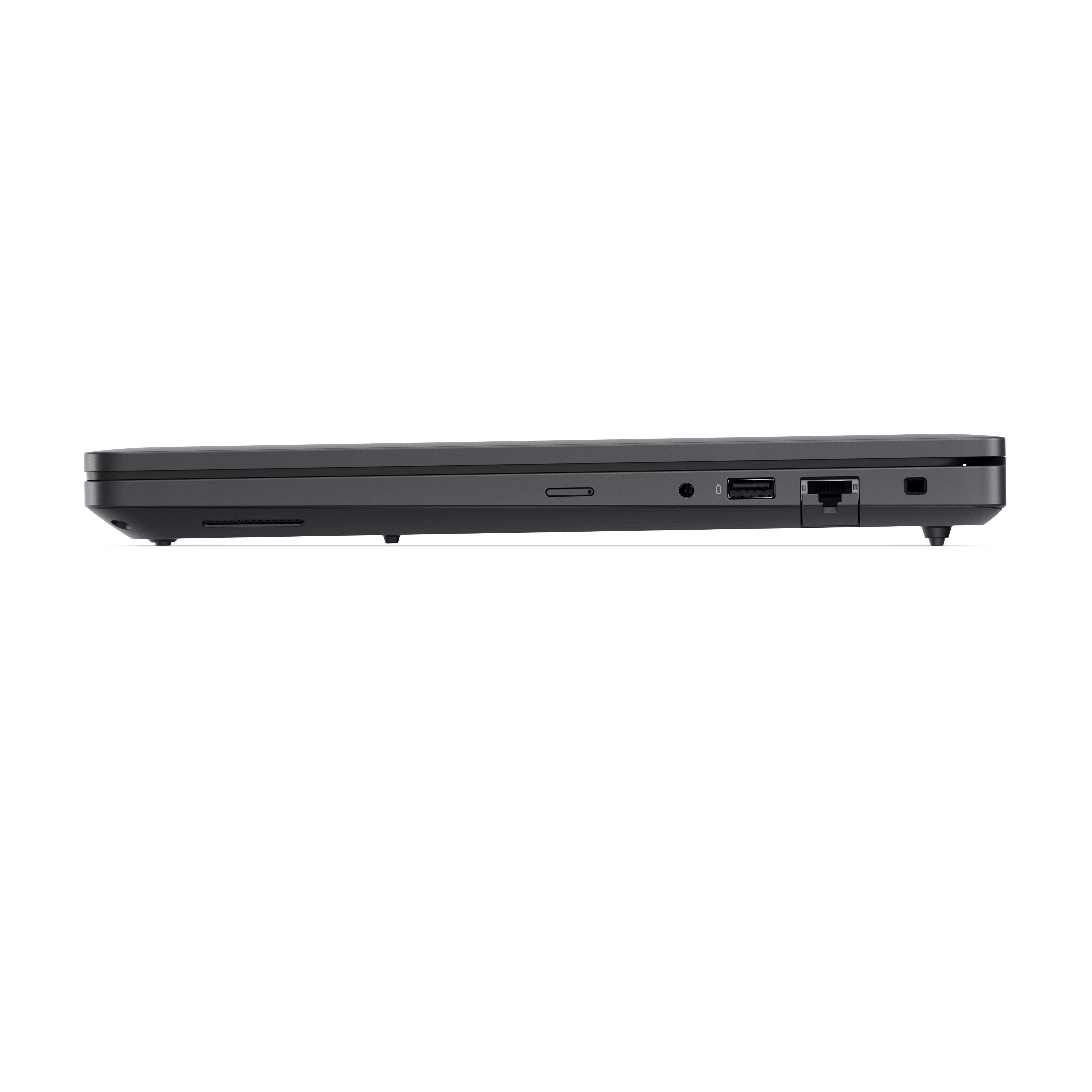 Seitenansicht eines geschlossenen, dunkelgrauen Laptops vor schwarzem Hintergrund. Zeigt Anschlüsse für USB, Audio und Ethernet.