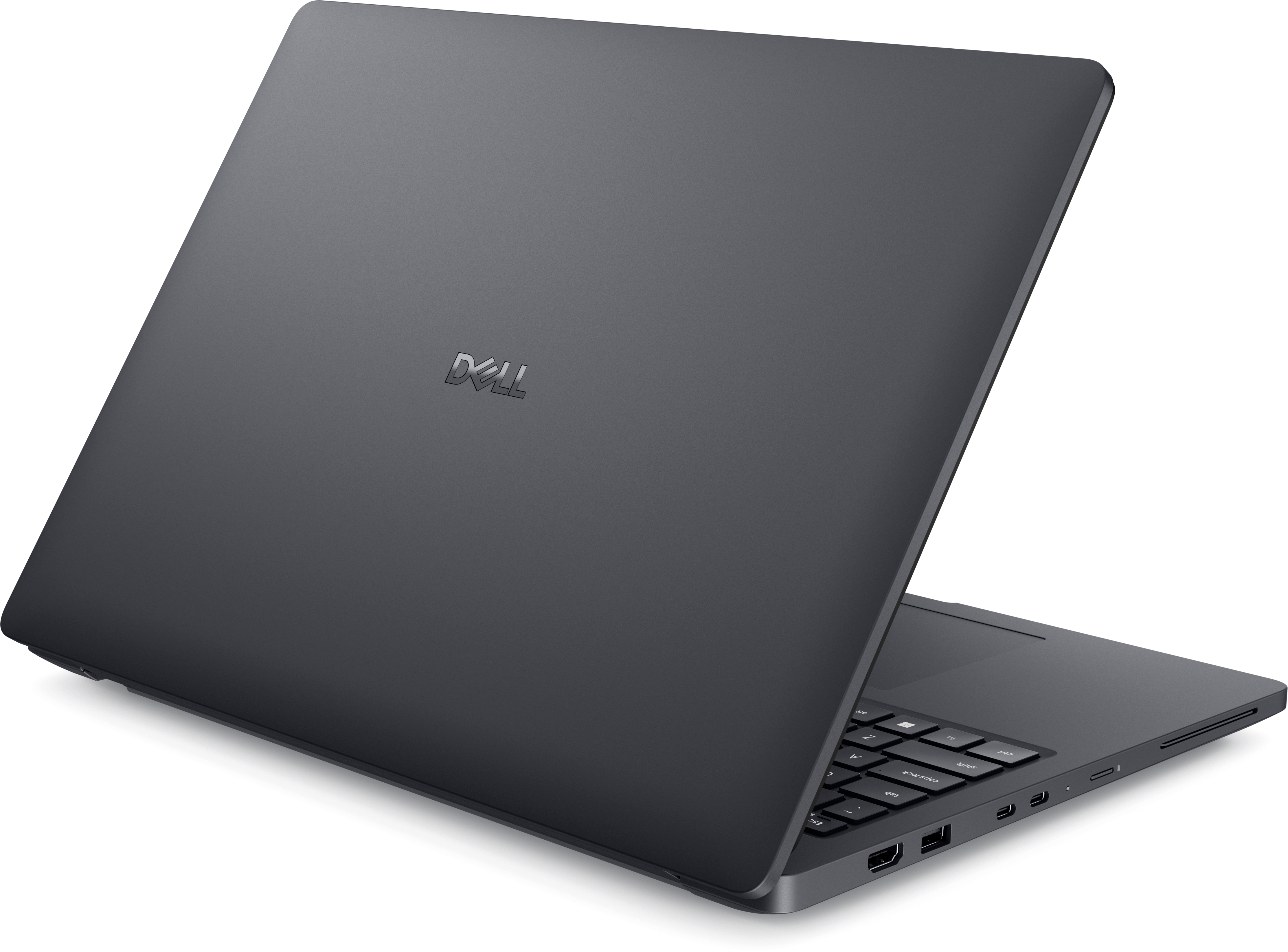 Ein dunkelgrauer Dell-Laptop wird in einem Winkel gezeigt, geöffnet. Tastatur und Anschlüsse sind sichtbar.
