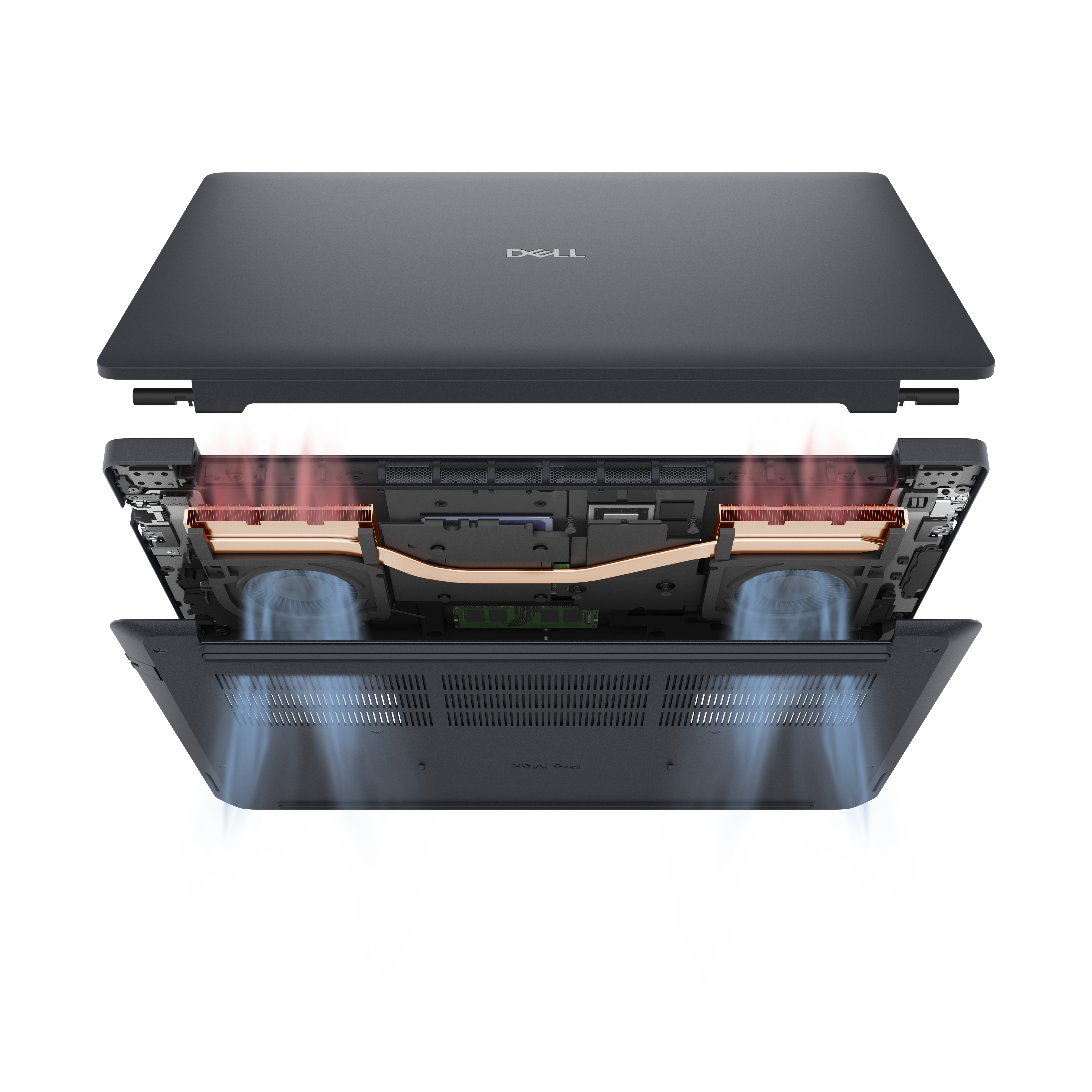 Explosionsansicht eines Dell-Laptops mit Innenkomponenten wie Lüftern, Heatpipes und Motherboard, mit abgenommenem oberen Deckel.