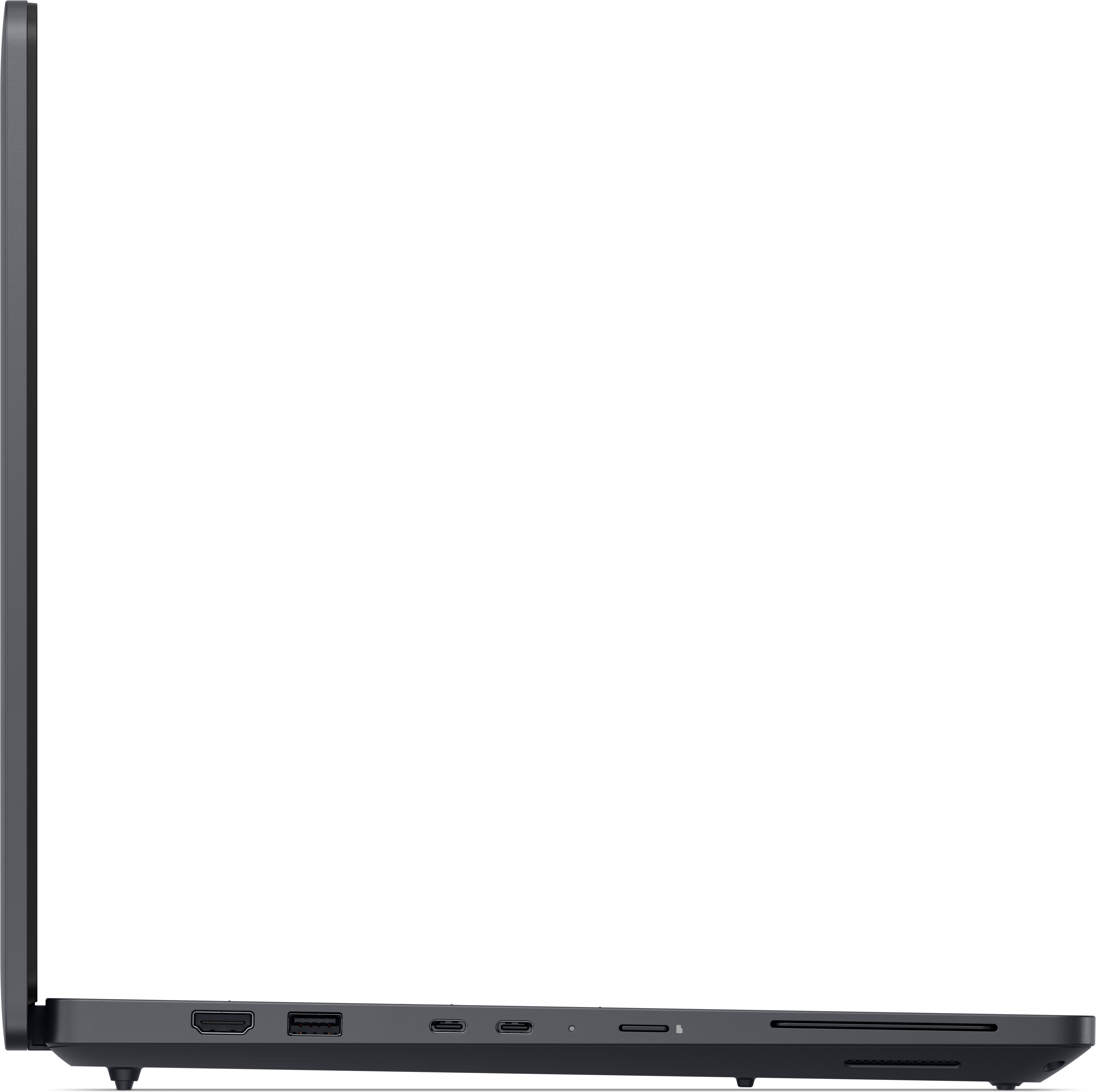 Seitenansicht eines dunkelgrauen Laptops mit Anschlüssen und Bildschirmkante vor schwarzem Hintergrund.