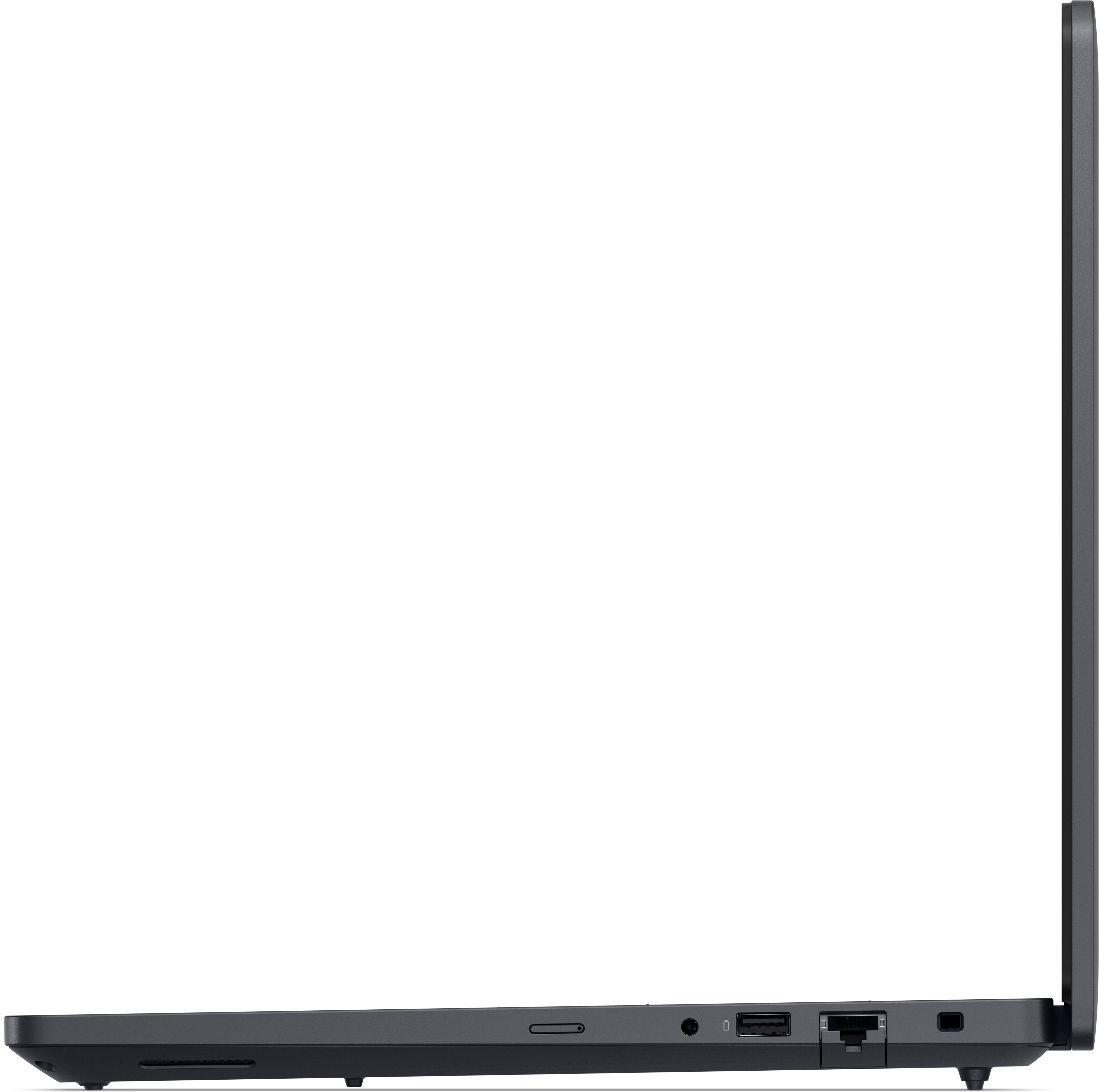 Seitenansicht eines geschlossenen Laptops in Dunkelgrau. Anschlüsse sind an der Seite sichtbar, darunter USB und Netzwerkanschluss.
