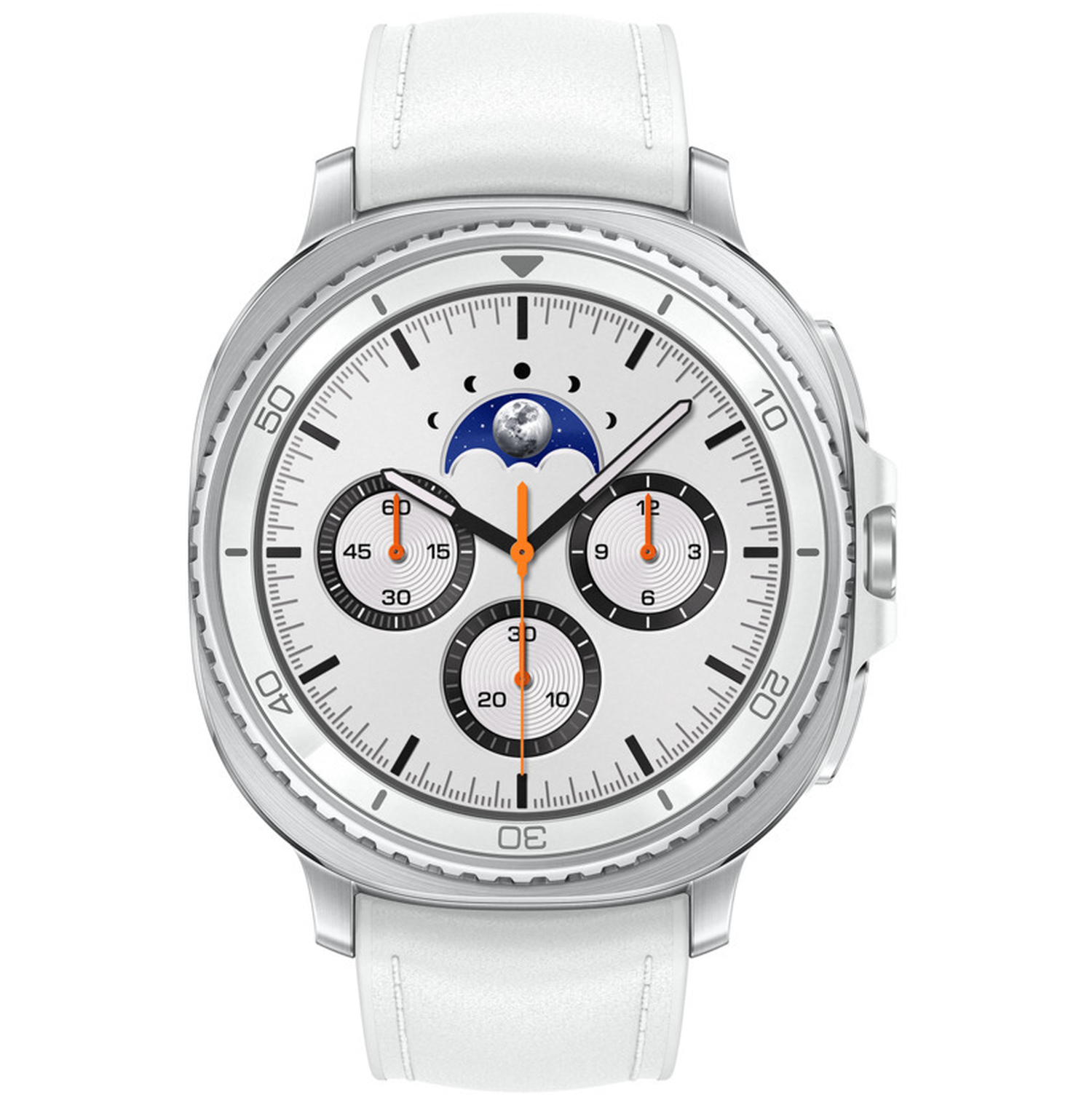A silver wristwatch with a white face, black numbers, and a white leather strap. It has three sub-dials and a moon phase indicator.