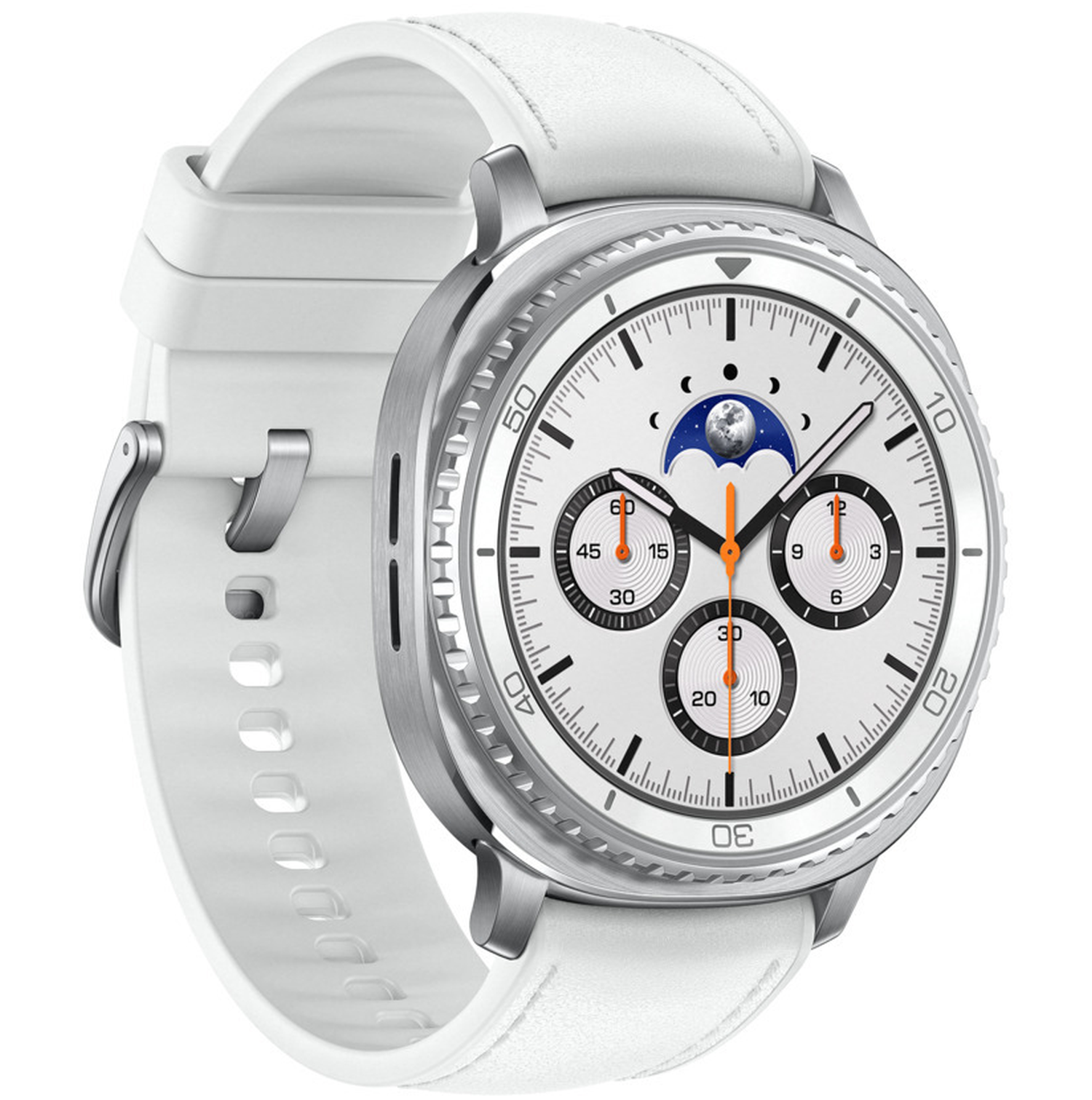 A white smartwatch with a white strap. The watch face is white with silver accents and orange hands, showing time and moon phase.