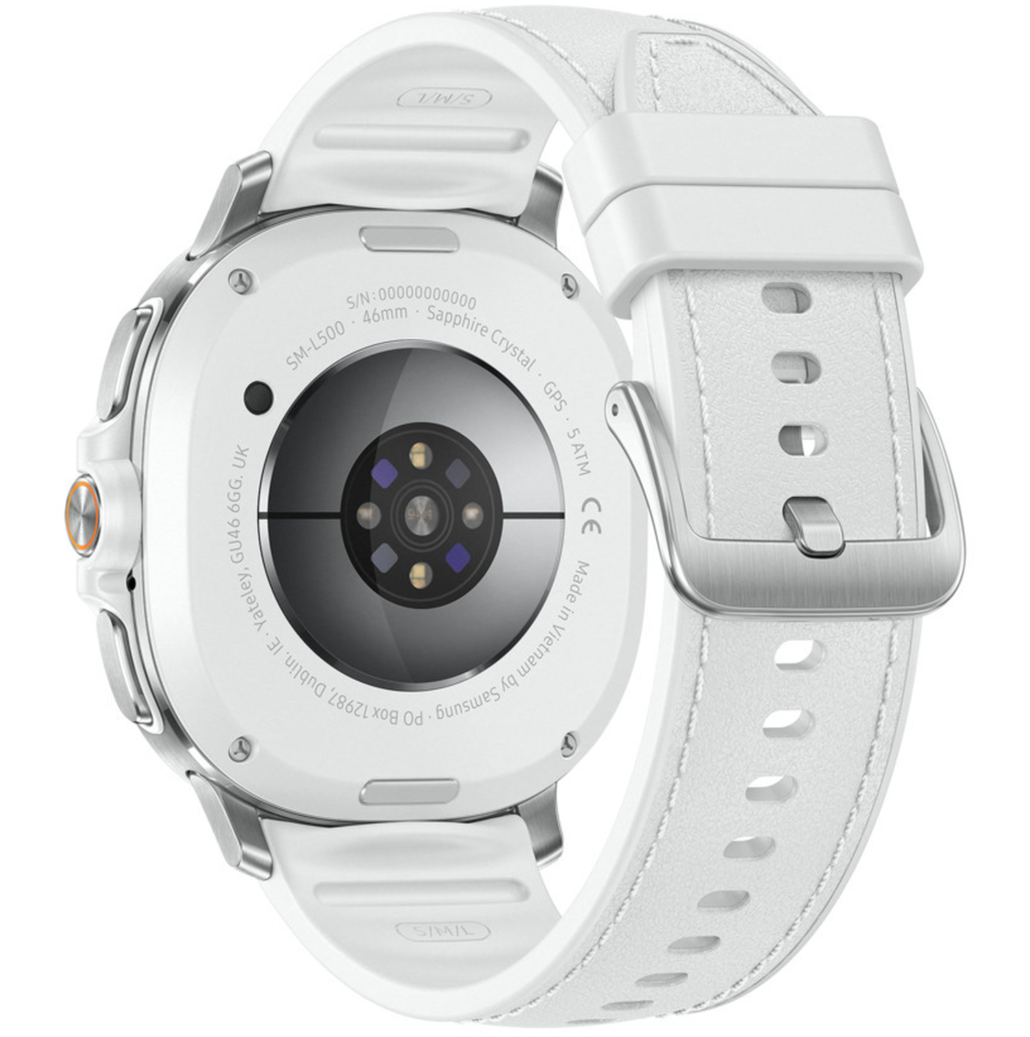 White smartwatch back, with a white strap. Details include sensors, model info, and a silver buckle.