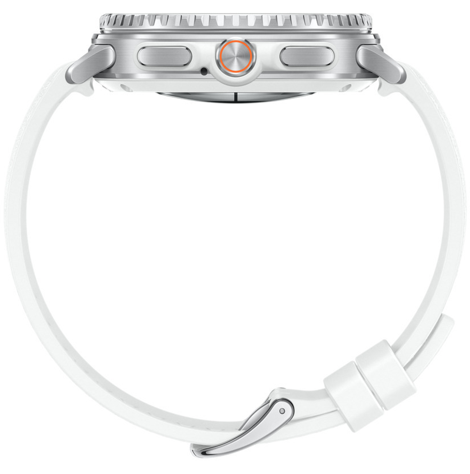 A white smartwatch with a white strap. The watch case is silver with an orange button.