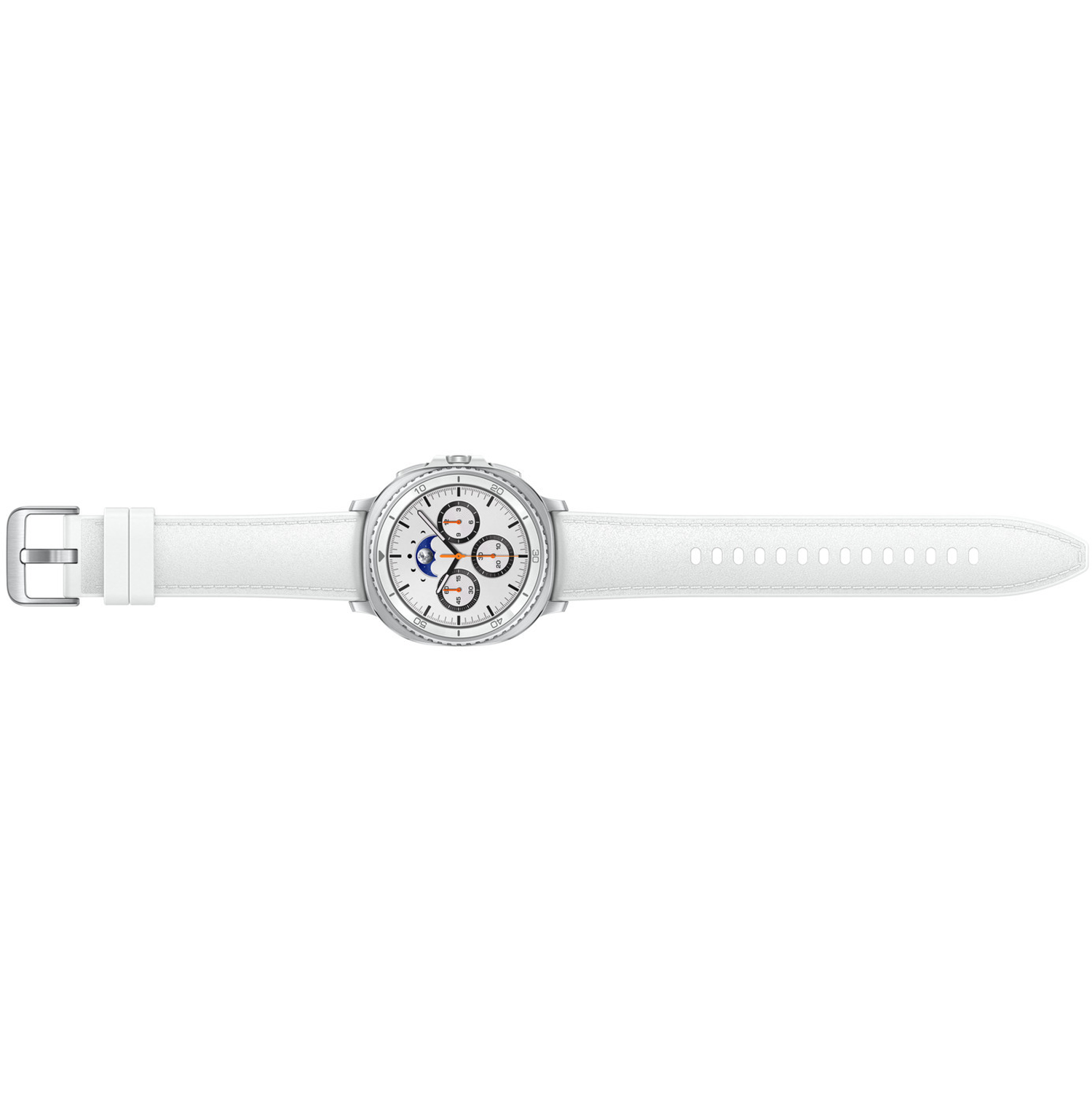 A silver smartwatch with a white strap lies horizontally. The watch face has multiple dials. The strap is white with evenly spaced holes.
