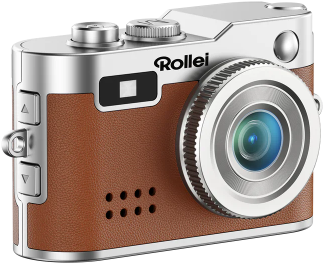 Eine Rollei-Kamera mit braunem Ledergriff und silbernen Akzenten. Das Objektiv ist fokussiert, Knöpfe sind sichtbar.