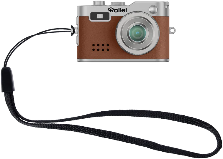 Eine Retro-Kamera von Rollei mit braunem Leder, silbernen Akzenten und einem schwarzen Handgelenkgurt vor schwarzem Hintergrund.