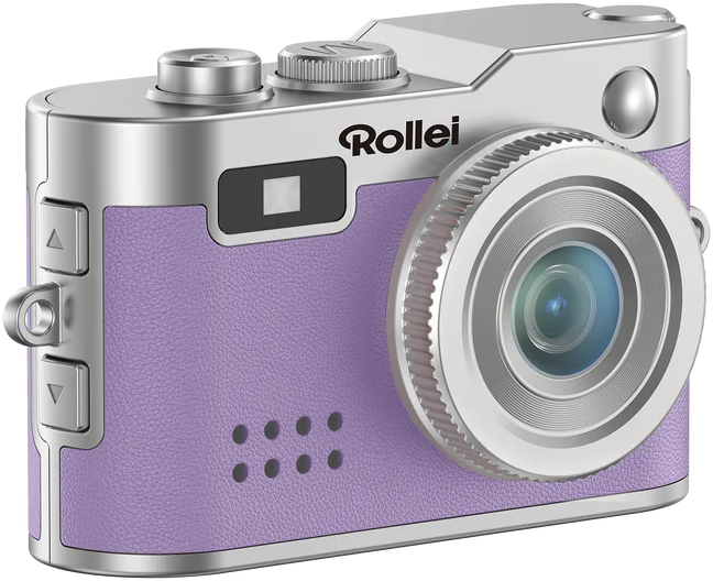 Eine digitale Rollei-Kamera. Sie hat ein silbernes Gehäuse mit lila Leder. Das Objektiv befindet sich in der Mitte. Knöpfe befinden sich auf der linken Seite.