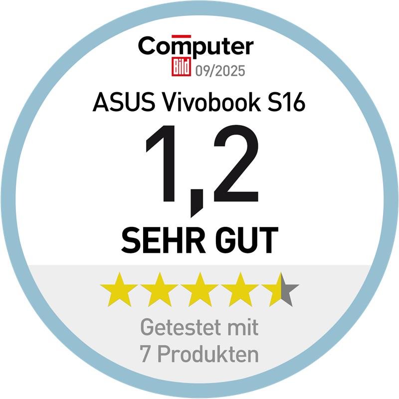 Weißer Kreis mit Text: Computer Bild, ASUS Vivobook S16, Bewertung 1,2 und 'SEHR GUT'. Fünf Sterne, einer teilweise grau.
