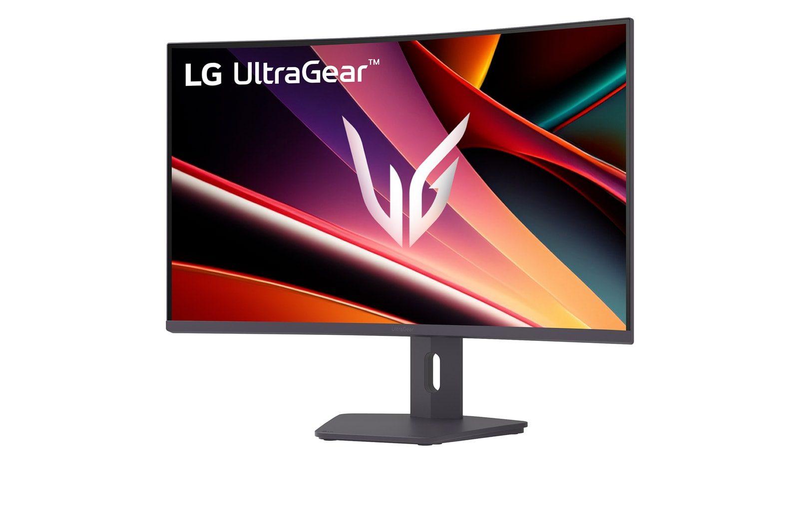 LG UltraGear ívelt monitor. A képernyő színes absztrakt művészetet jelenít meg. Az állvány sötétszürke. Logó látható.