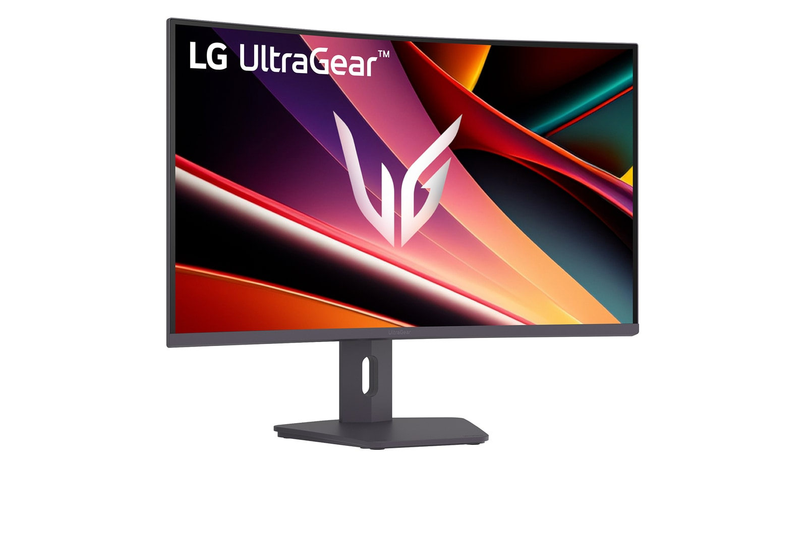 LG UltraGear ívelt monitor. A kijelző színes, absztrakt dizájnt mutat. A monitor szürke állványon, fehér háttér előtt látható.