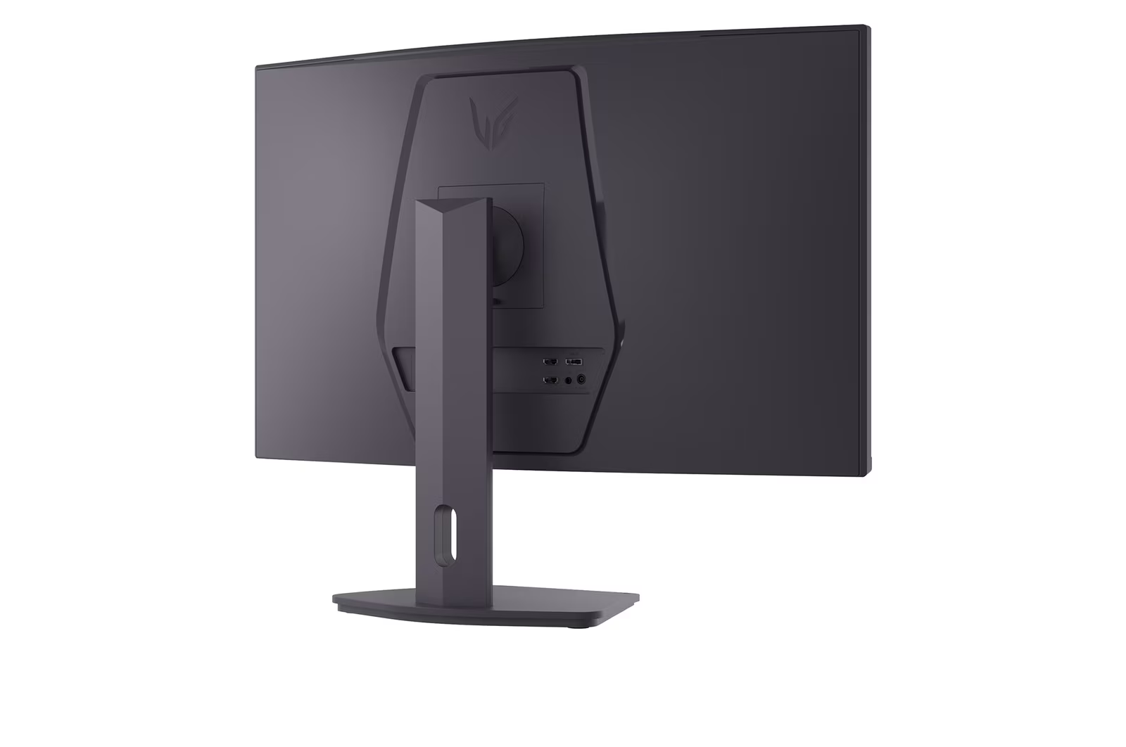 Egy sötétszürke számítógép monitor, állvány és talp hátulnézete. A hátoldalon portok láthatók. A monitor fehér háttér előtt van.